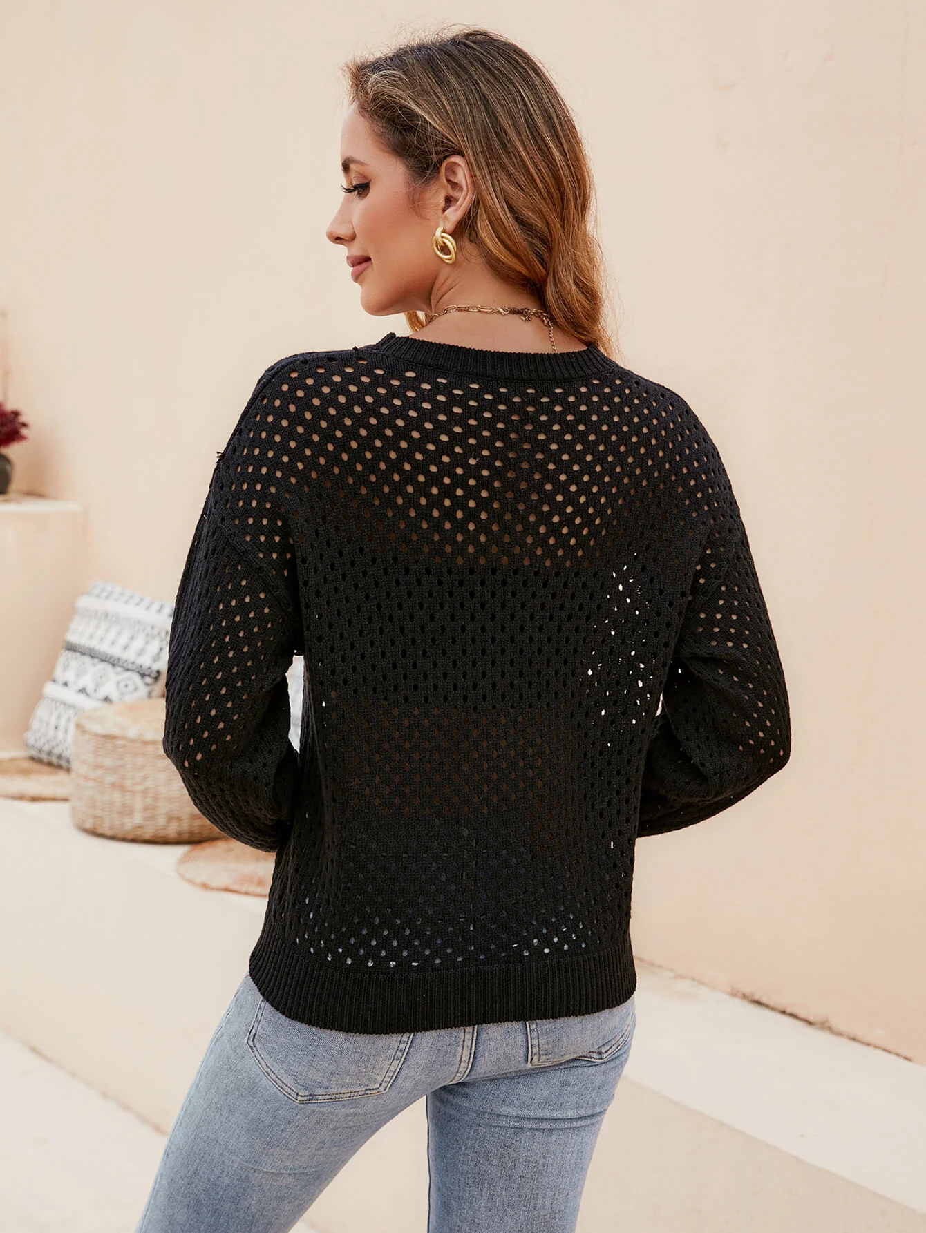 Izzy Crochet Knit Pullover Sweater - Black - Image 4