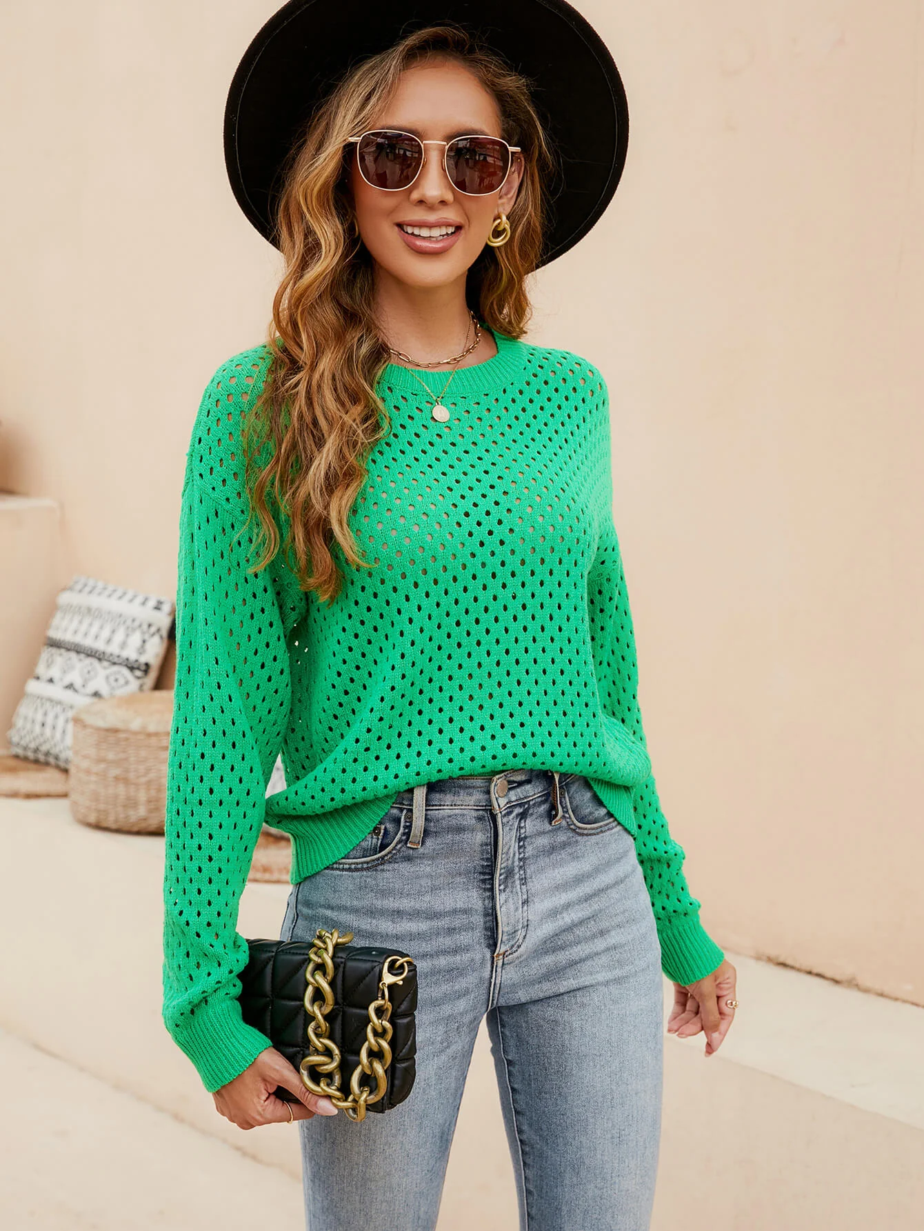 Izzy Crochet Knit Pullover Sweater - Green - Image 2