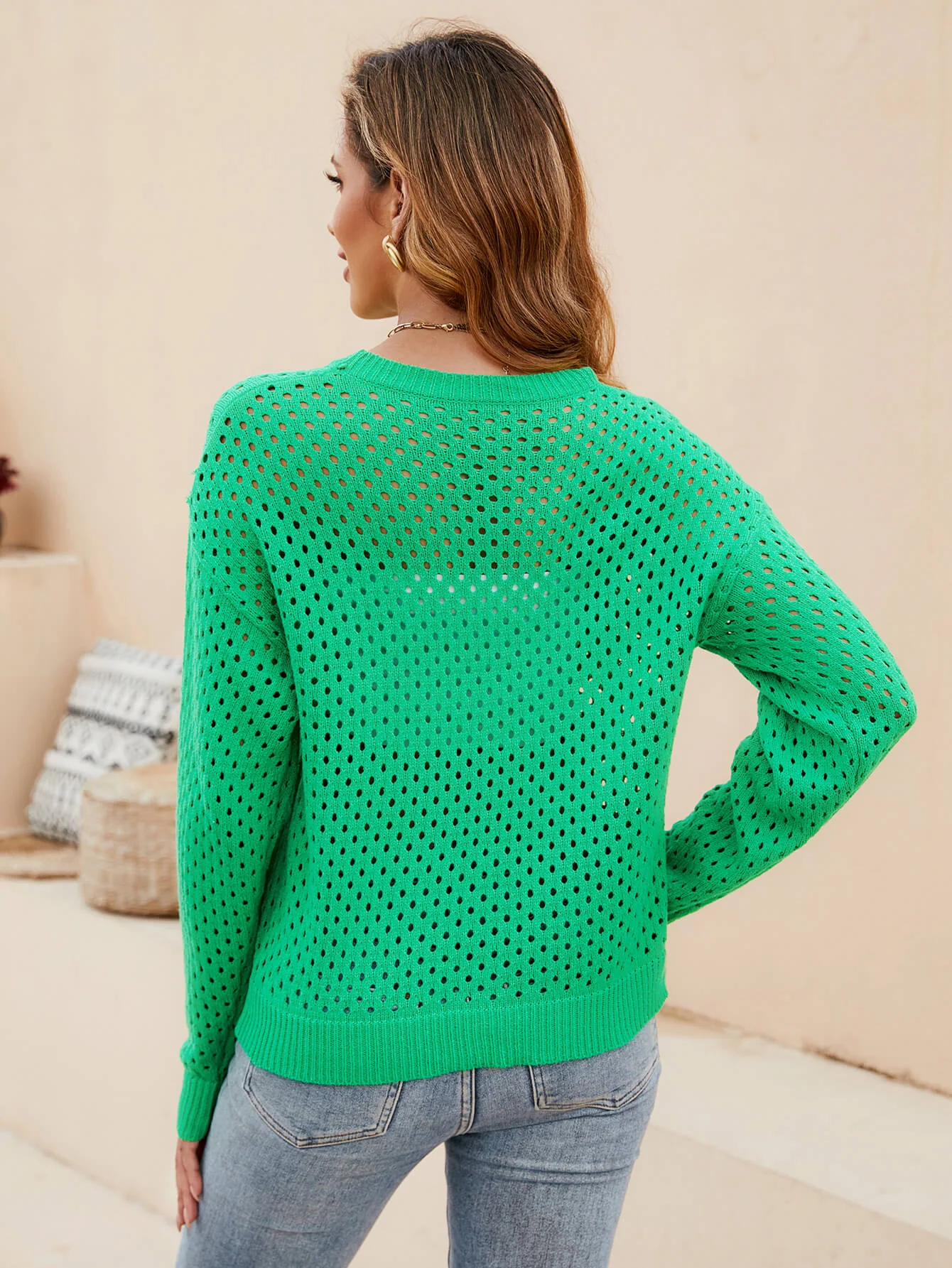Izzy Crochet Knit Pullover Sweater - Green - Image 3