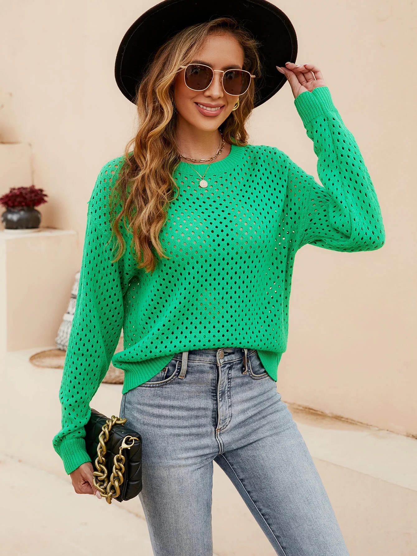 Izzy Crochet Knit Pullover Sweater - Green - Image 5