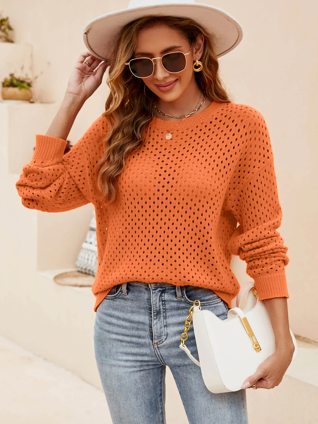 Izzy Crochet Knit Pullover Sweater - Orange - Image 2
