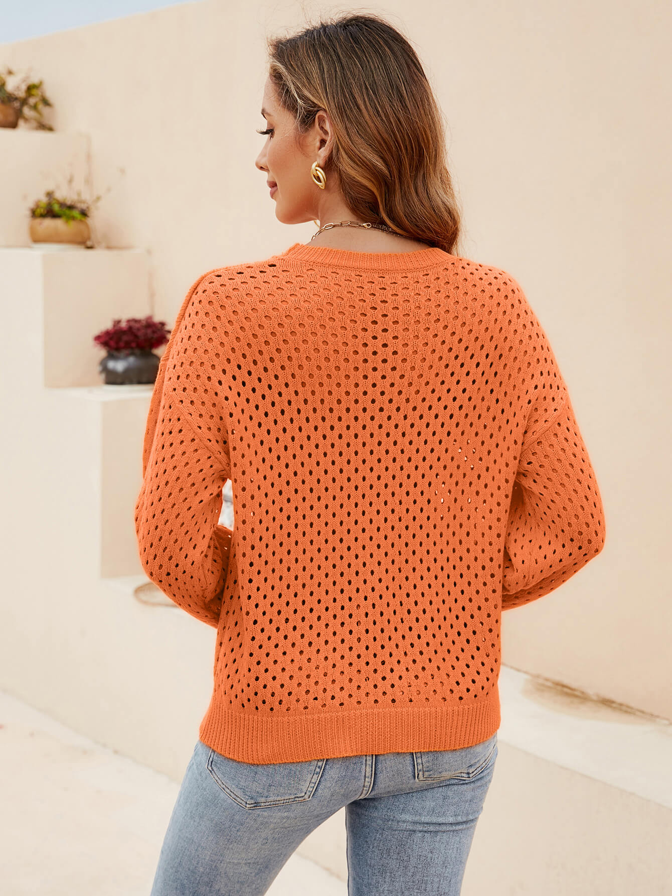 Izzy Crochet Knit Pullover Sweater - Orange - Image 3