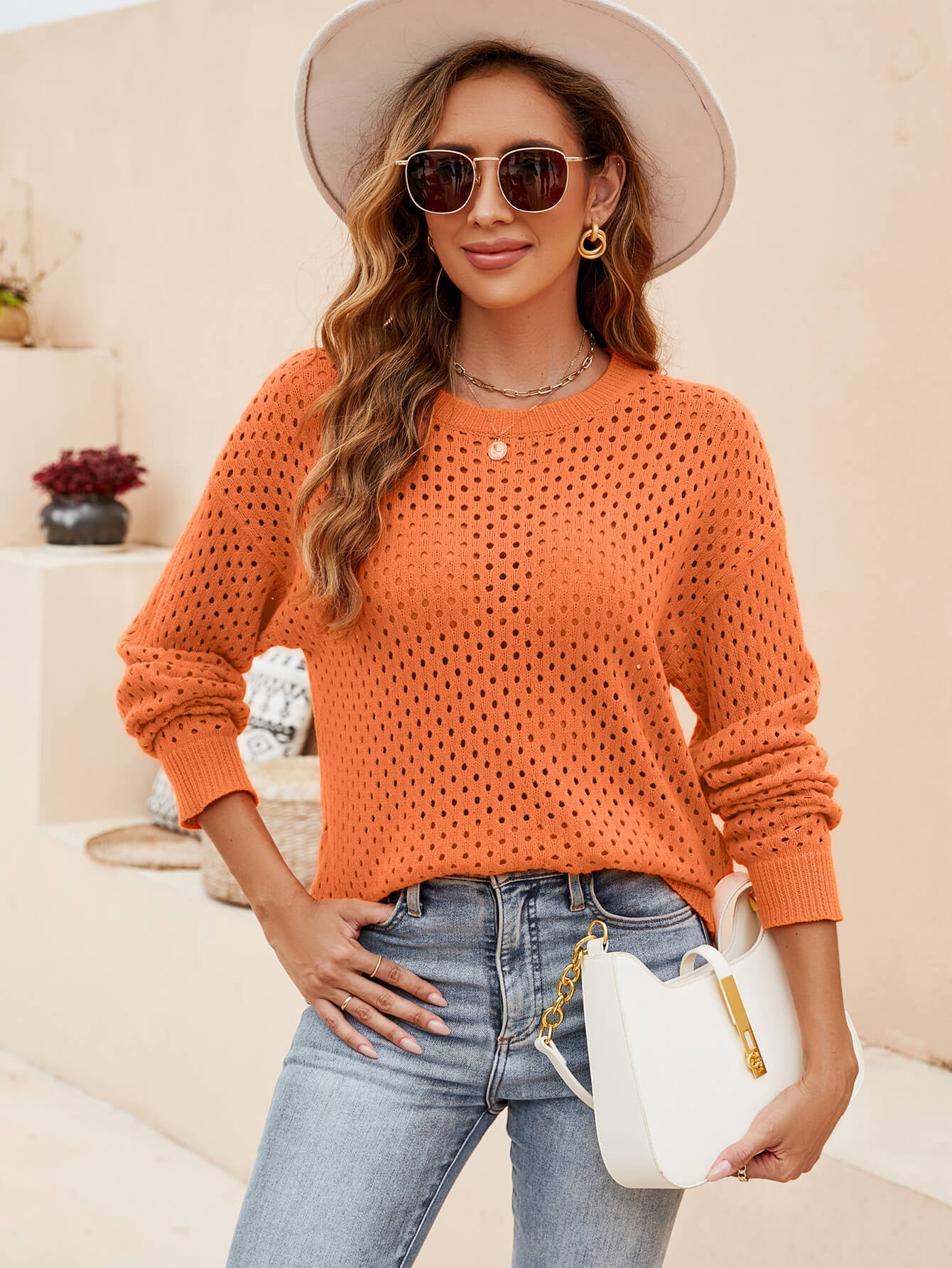 Izzy Crochet Knit Pullover Sweater - Orange - Image 4