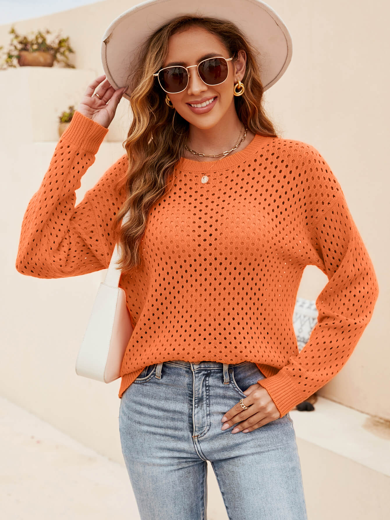 Izzy Crochet Knit Pullover Sweater - Orange - Image 5