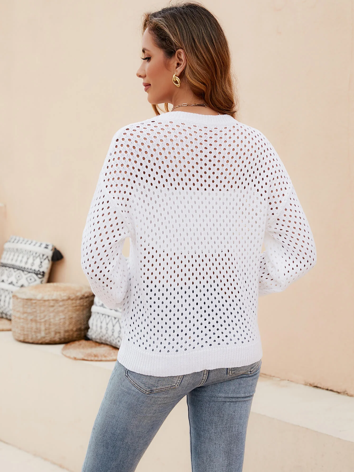 Izzy Crochet Knit Pullover Sweater - White - Image 3