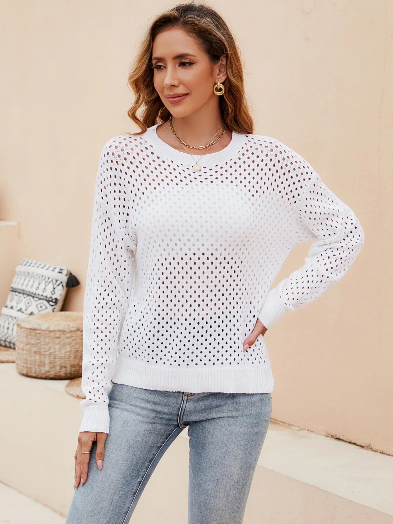 Izzy Crochet Knit Pullover Sweater - White - Image 5