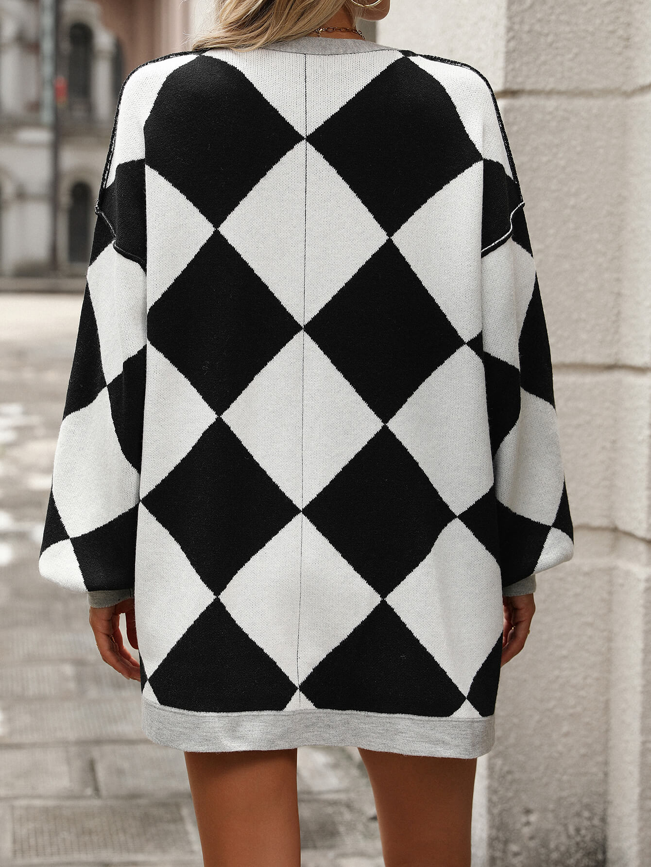 Jackey Argyle Print Button Down Cardigan - Black - Image 6