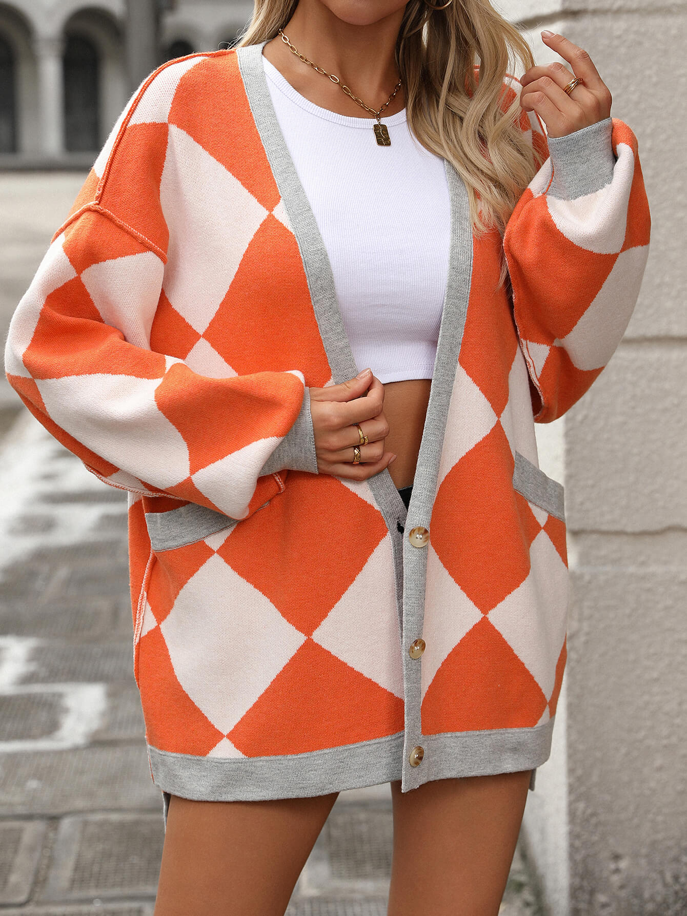Jackey Argyle Print Button Down Cardigan - Orange - Image 3