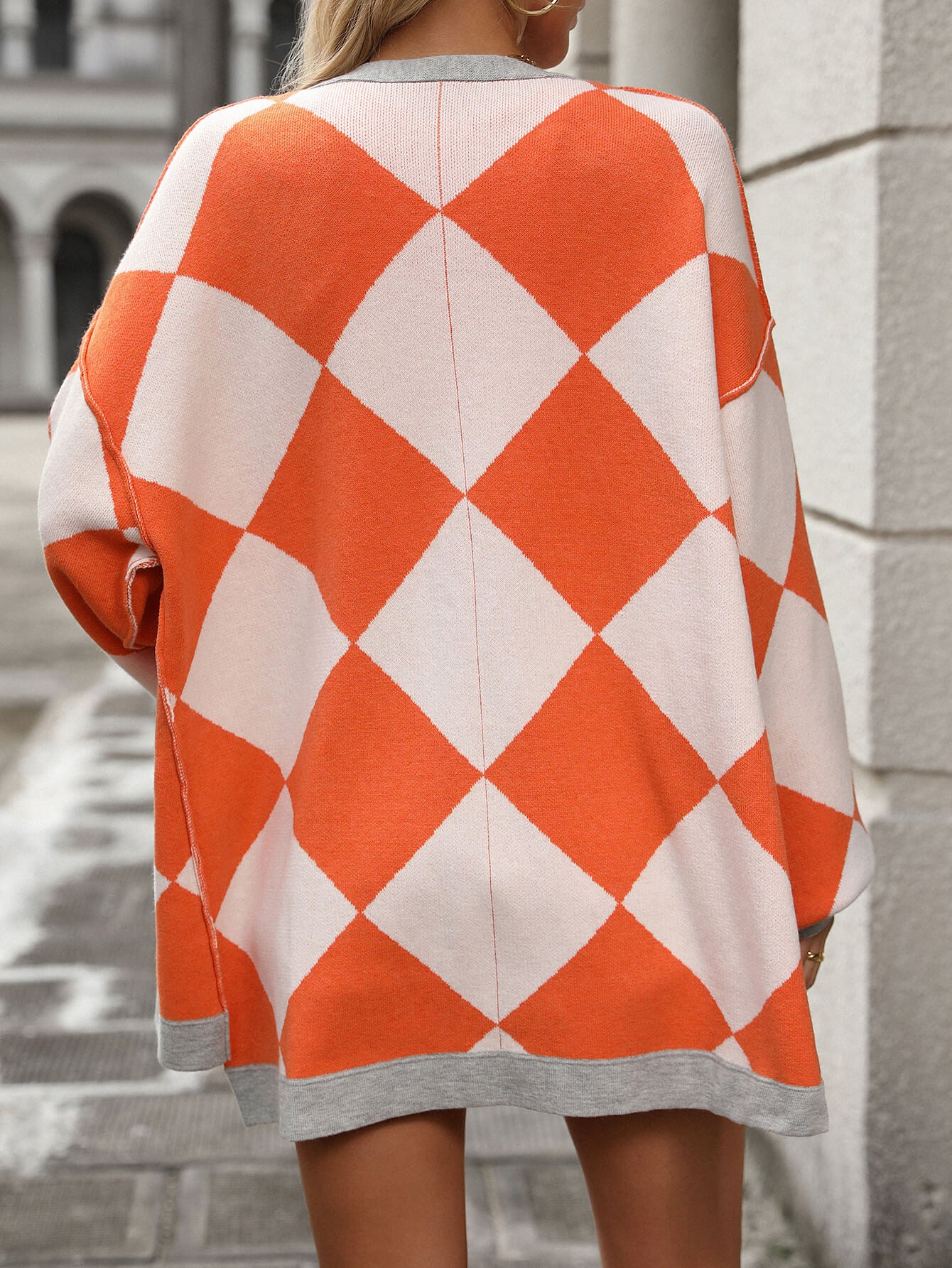 Jackey Argyle Print Button Down Cardigan - Orange - Image 6