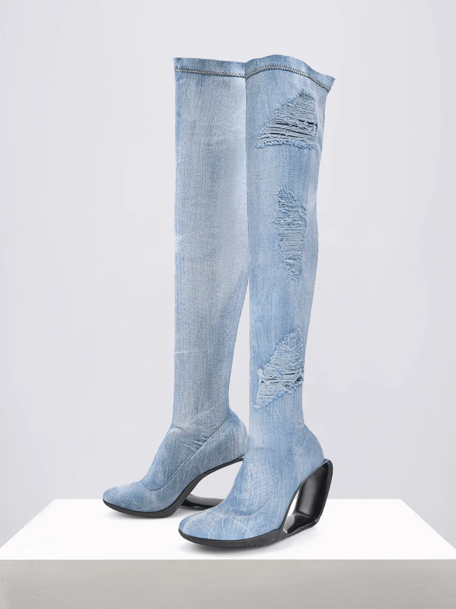 Jady Rose | Alfie Over-The-Knee Distressed Denim Boots - Image 3