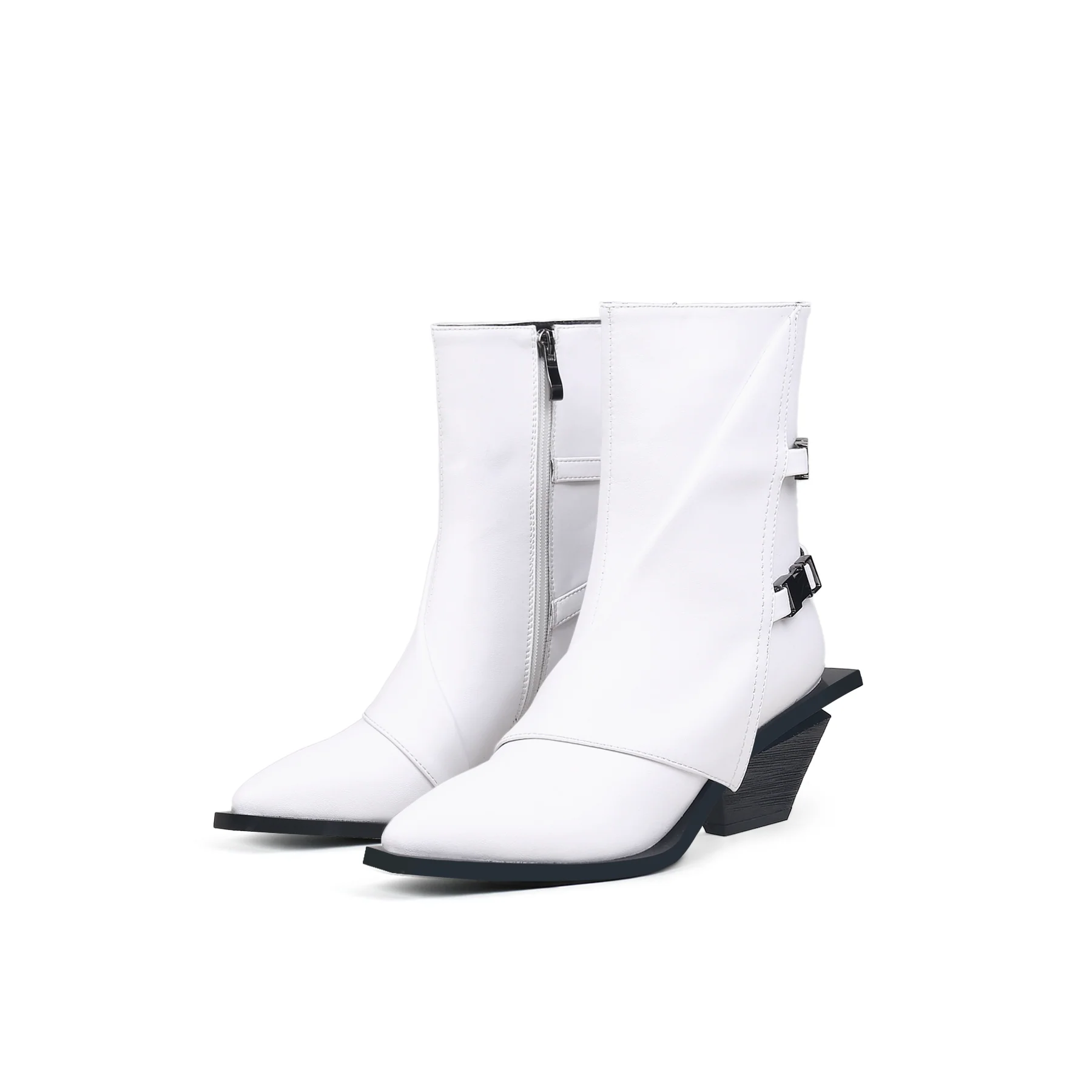 JADY ROSE | BLOCK HEEL LEATHER ANKLE BOOTIE - WHITE - Image 10