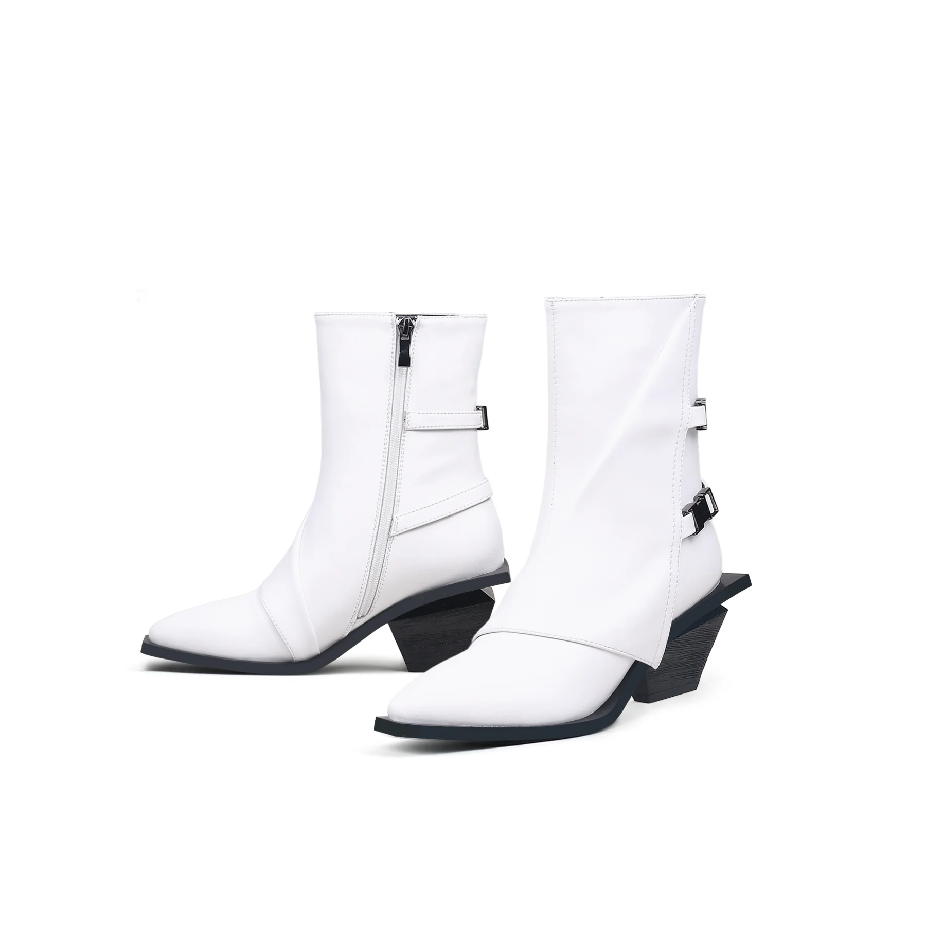 JADY ROSE | BLOCK HEEL LEATHER ANKLE BOOTIE - WHITE - Image 12