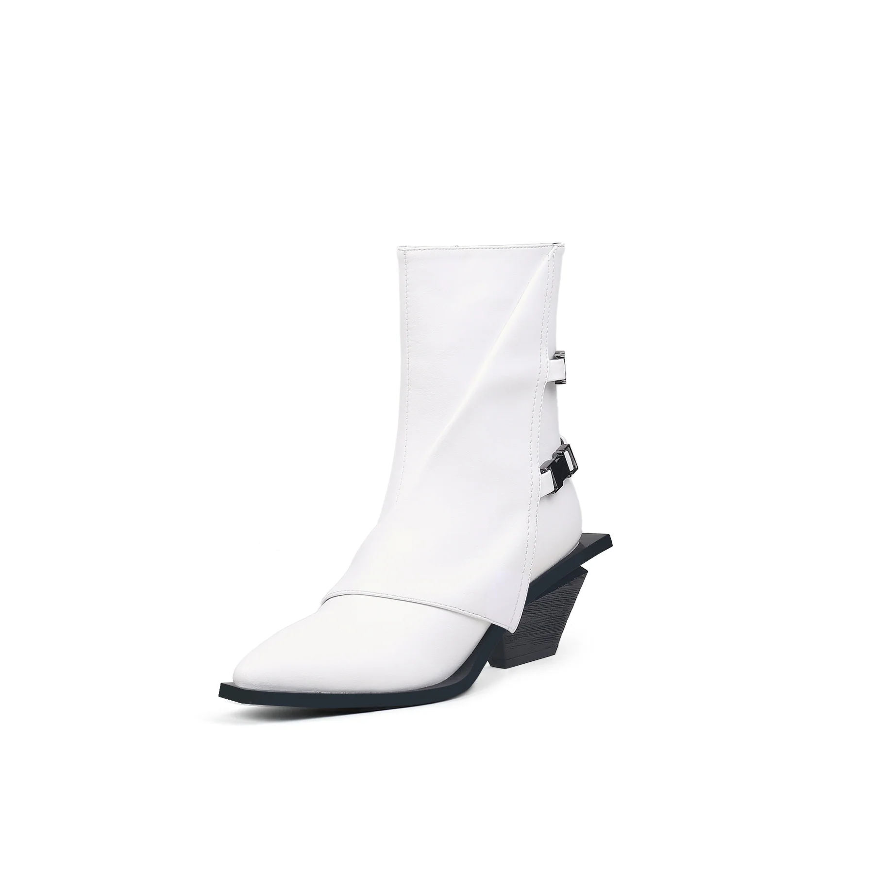 JADY ROSE | BLOCK HEEL LEATHER ANKLE BOOTIE - WHITE - Image 7
