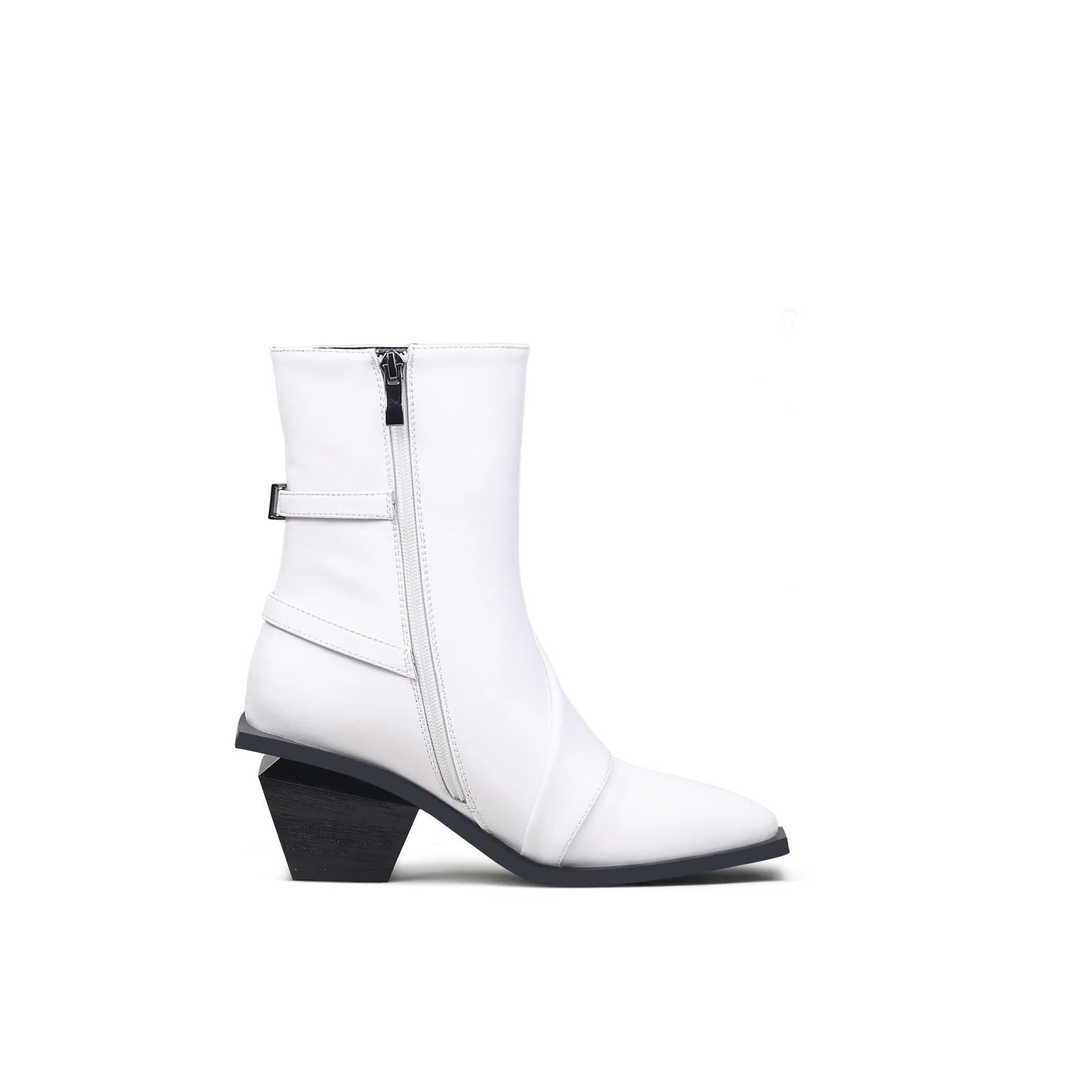 JADY ROSE | BLOCK HEEL LEATHER ANKLE BOOTIE - WHITE - Image 8