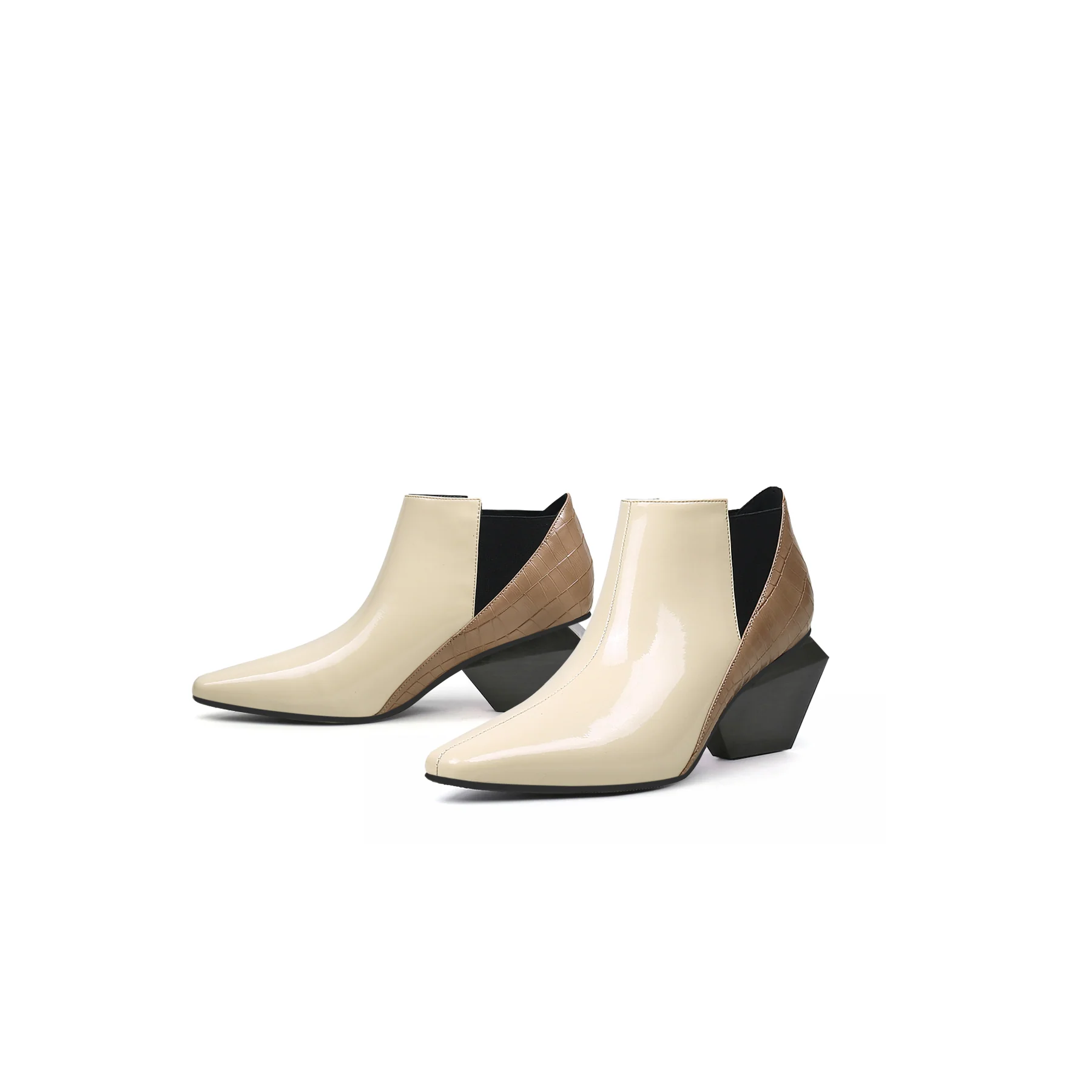 JADY ROSE | GEOMETRY-HEEL LEATHER ANKLE BOOT BEIGE - Image 5