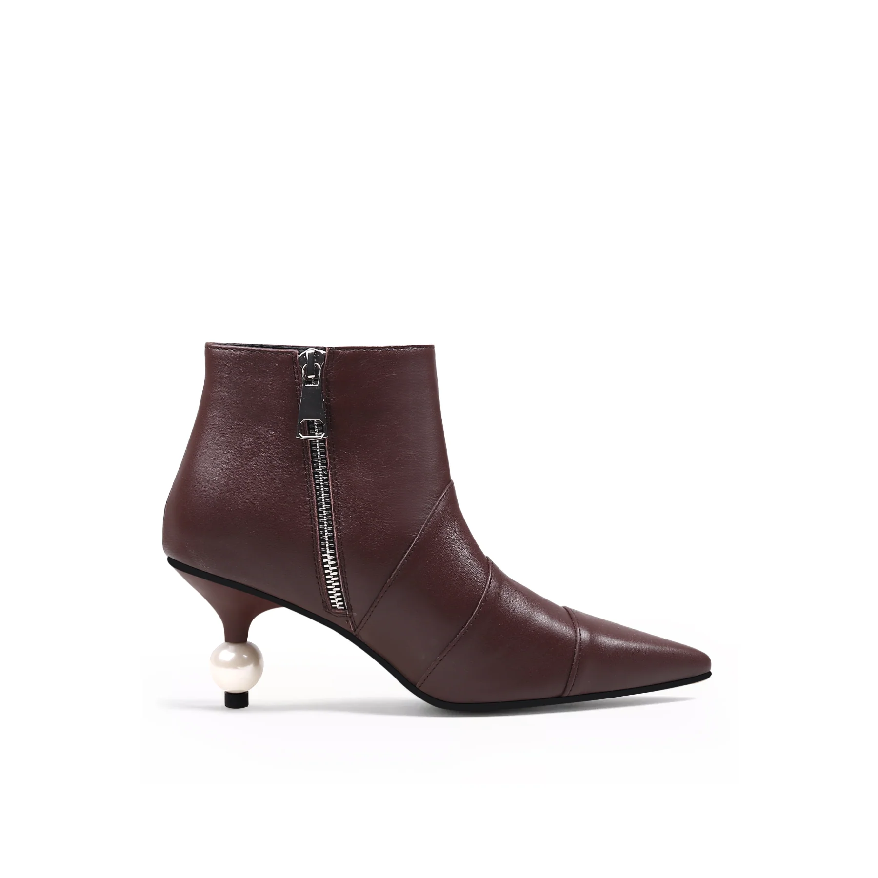 JADY ROSE | PEARL KITTEN HEEL LEATHER BOOTIE - CHOCOLATE - Image 2