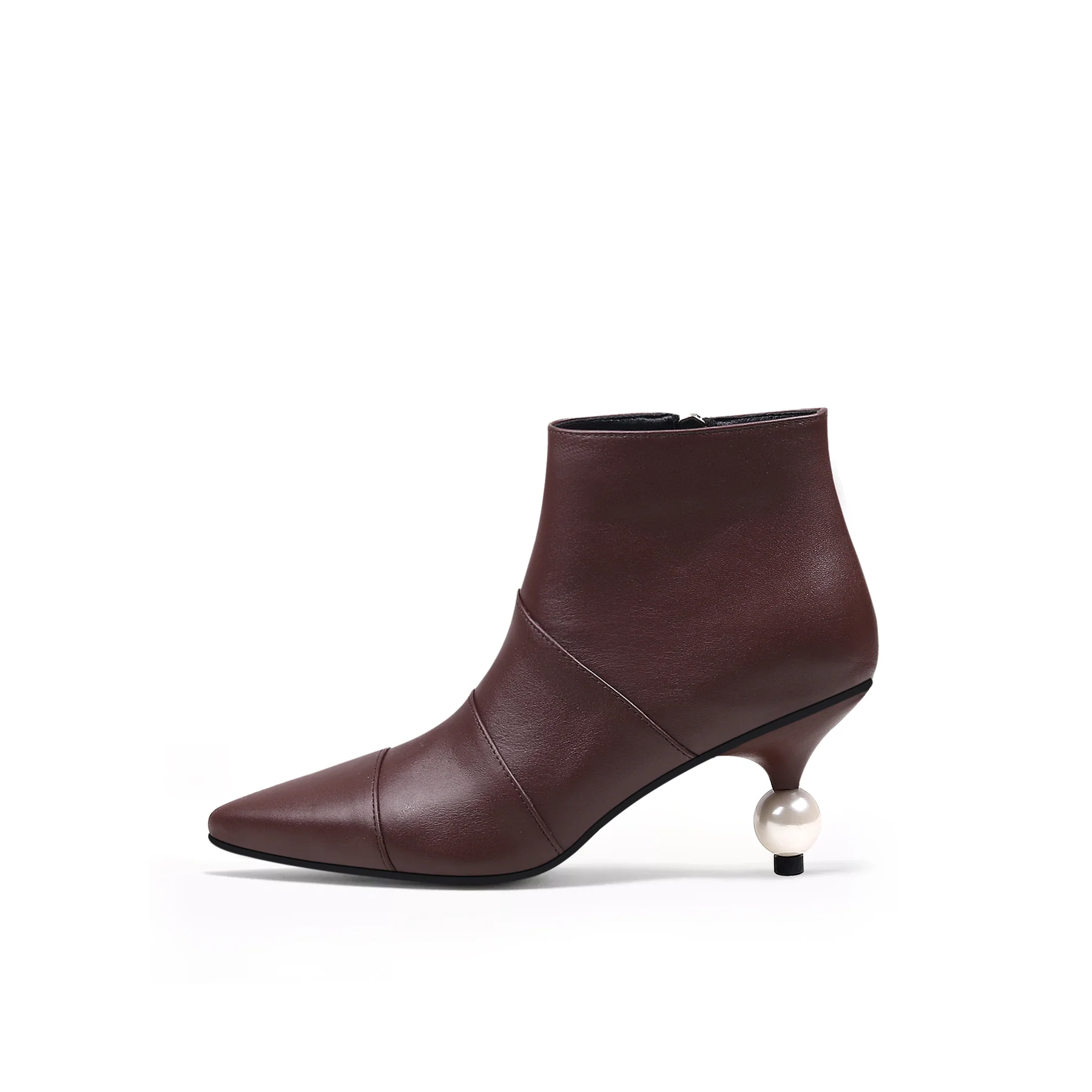 JADY ROSE | PEARL KITTEN HEEL LEATHER BOOTIE - CHOCOLATE - Image 4