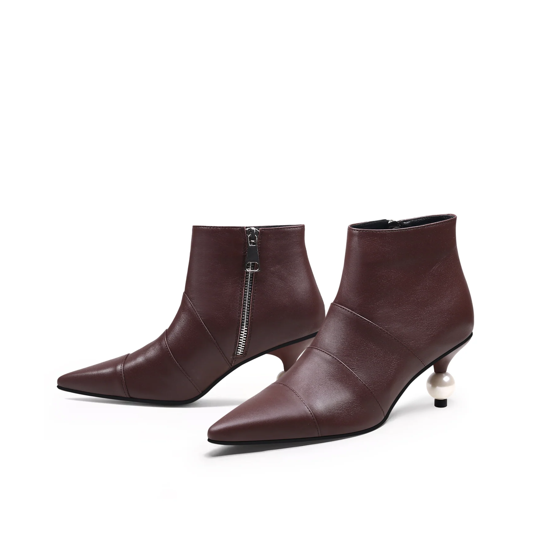JADY ROSE | PEARL KITTEN HEEL LEATHER BOOTIE - CHOCOLATE - Image 5