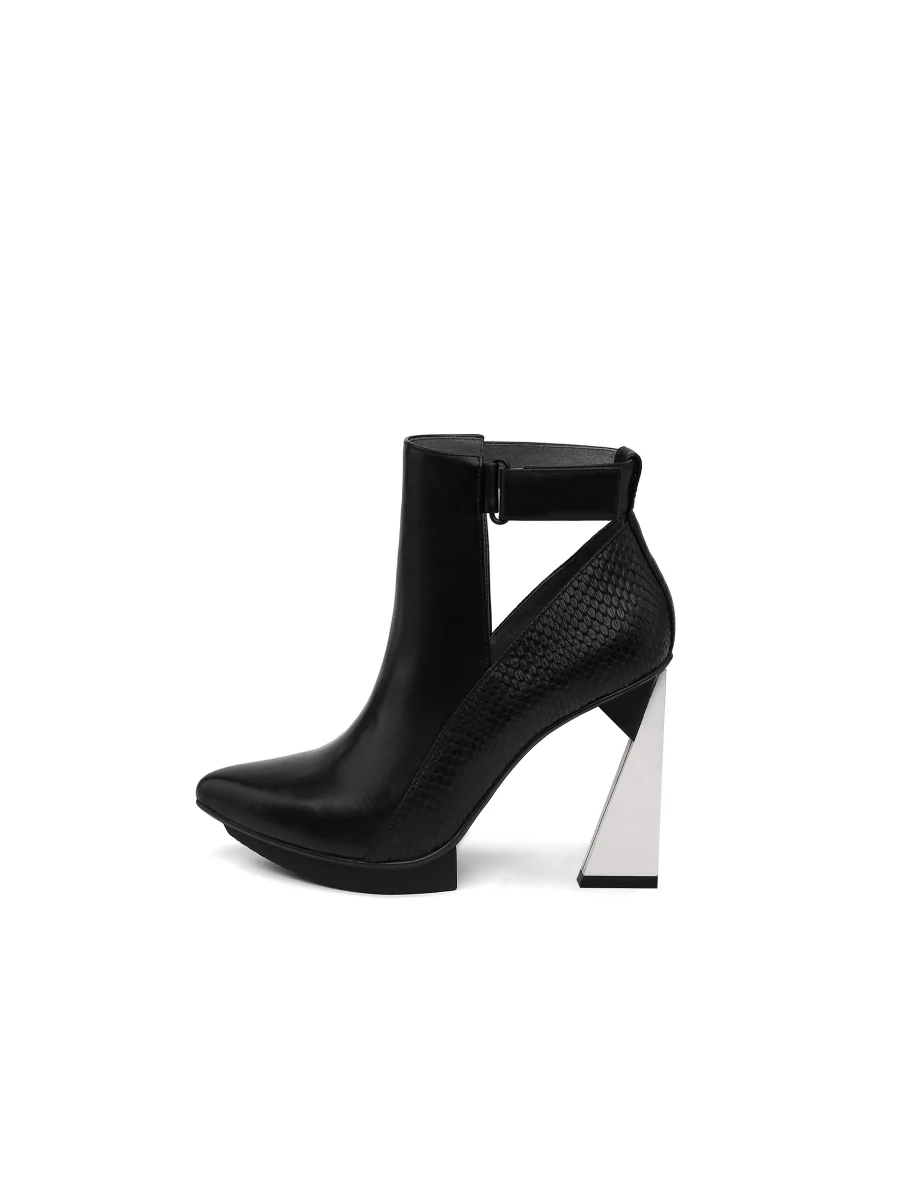 JadyRose | Triangled Heel Cut Out High Heel Leather Boots - Black - Image 4