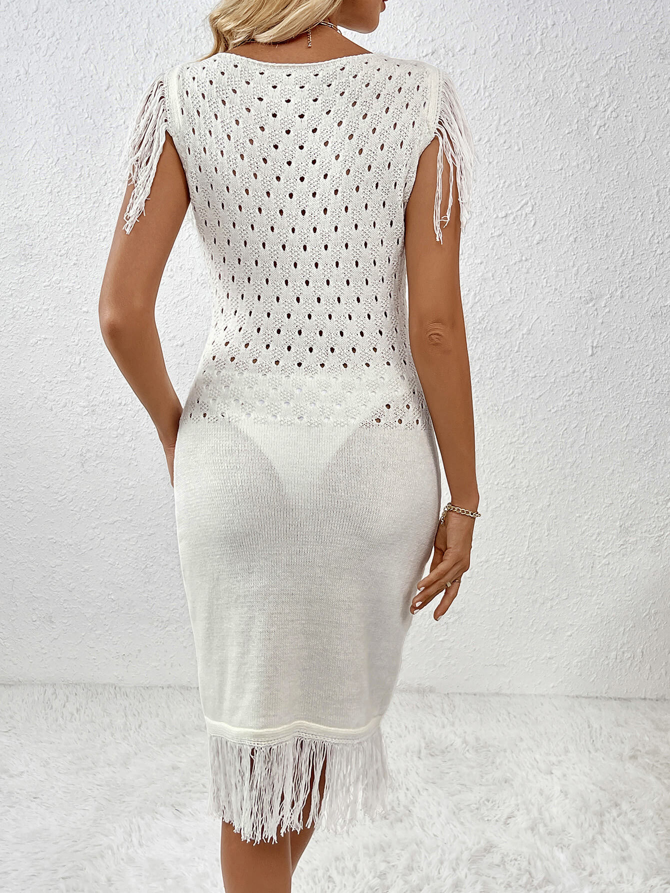 Jane Crochet Knit Fringe Midi Dress - Cream - Image 3