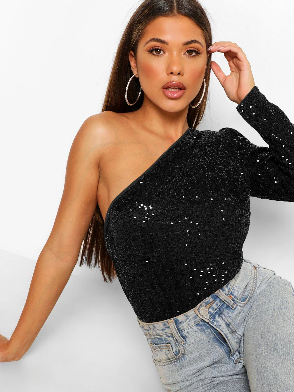Janella Sequin One-Shoulder Bodysuit - Black - Image 2