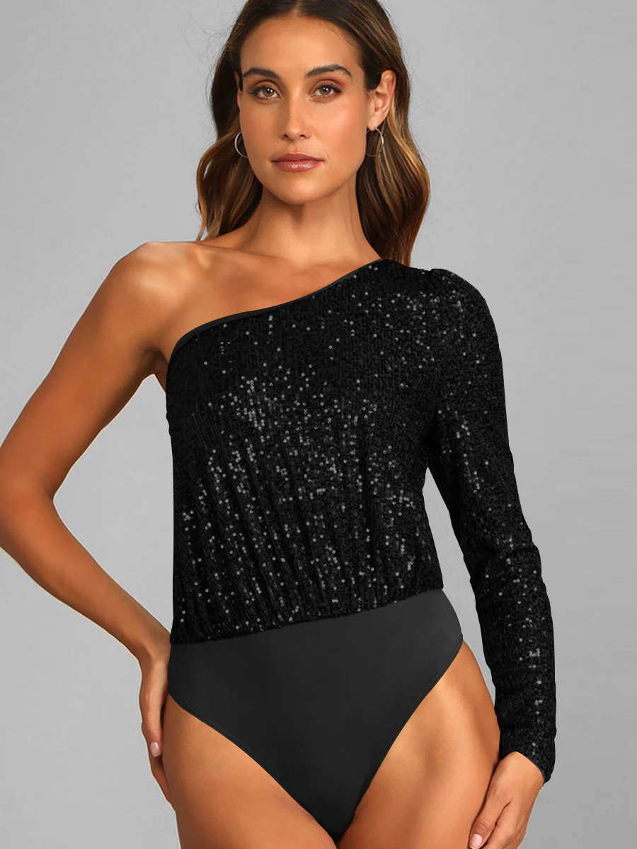 Janella Sequin One-Shoulder Bodysuit - Black - Image 3