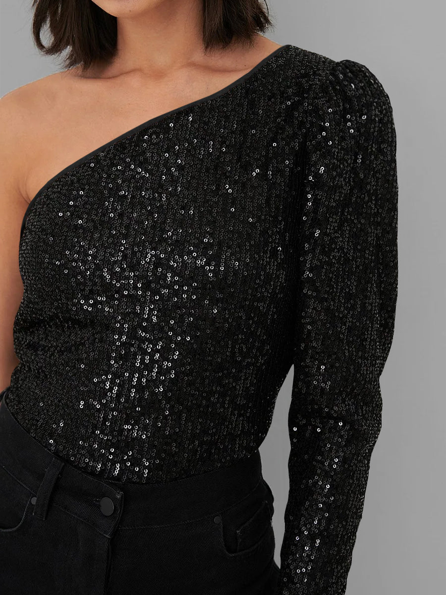 Janella Sequin One-Shoulder Bodysuit - Black - Image 6