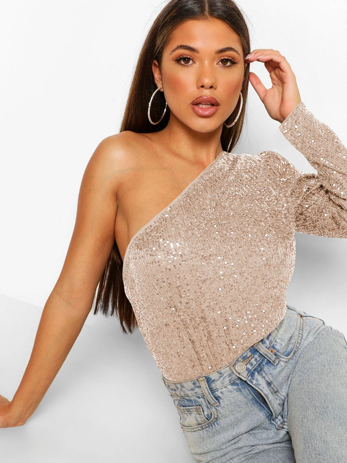 Janella Sequin One-Shoulder Bodysuit - Champagne - Image 2