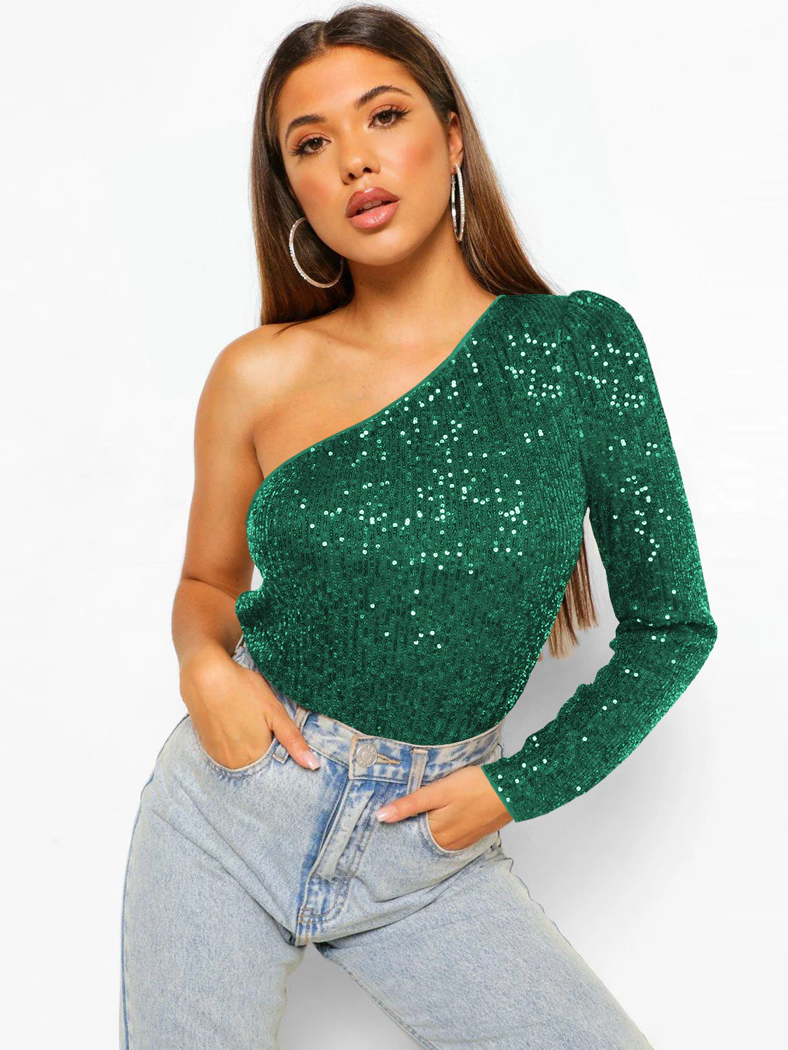 Janella Sequin One-Shoulder Bodysuit - Emerald - Image 2