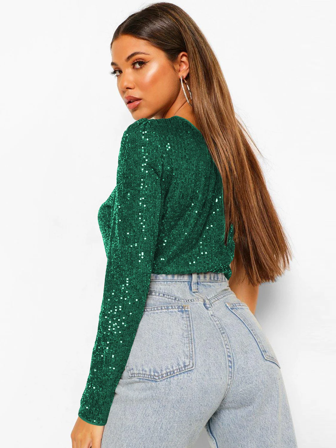 Janella Sequin One-Shoulder Bodysuit - Emerald - Image 3