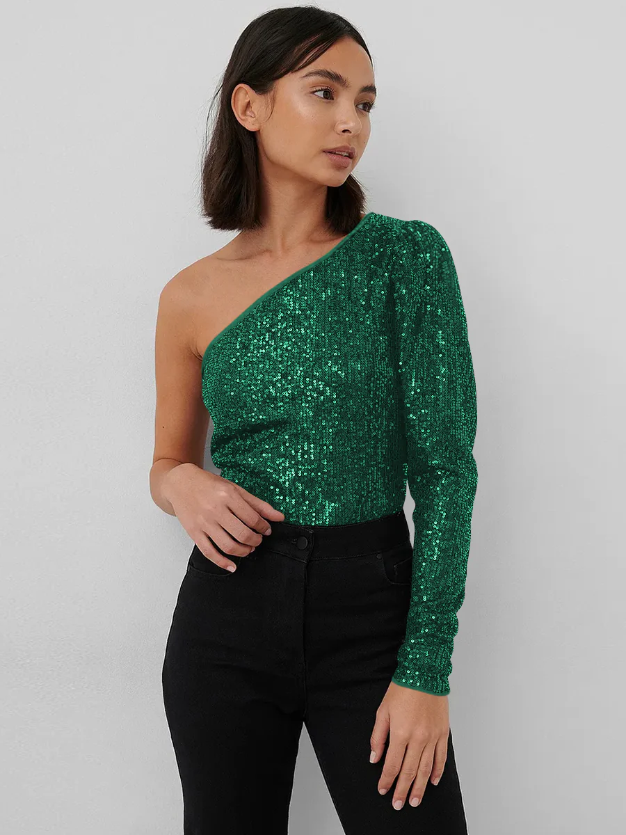 Janella Sequin One-Shoulder Bodysuit - Emerald - Image 6