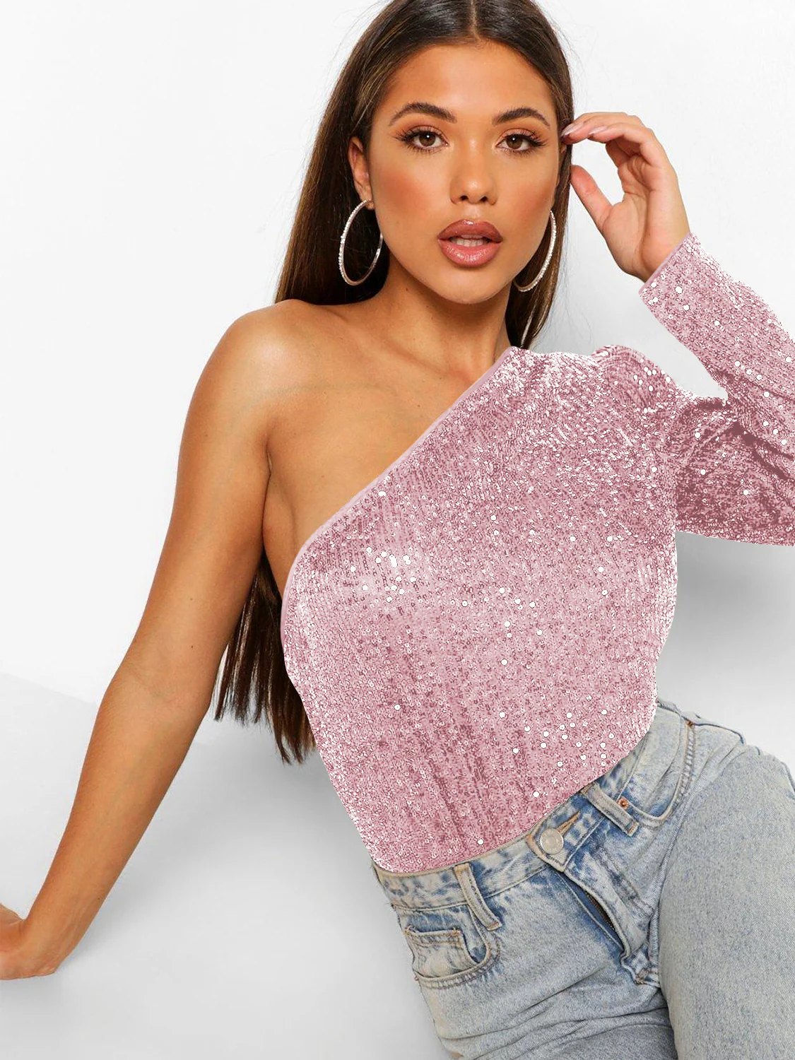 Janella Sequin One-Shoulder Bodysuit - Pink - Image 2