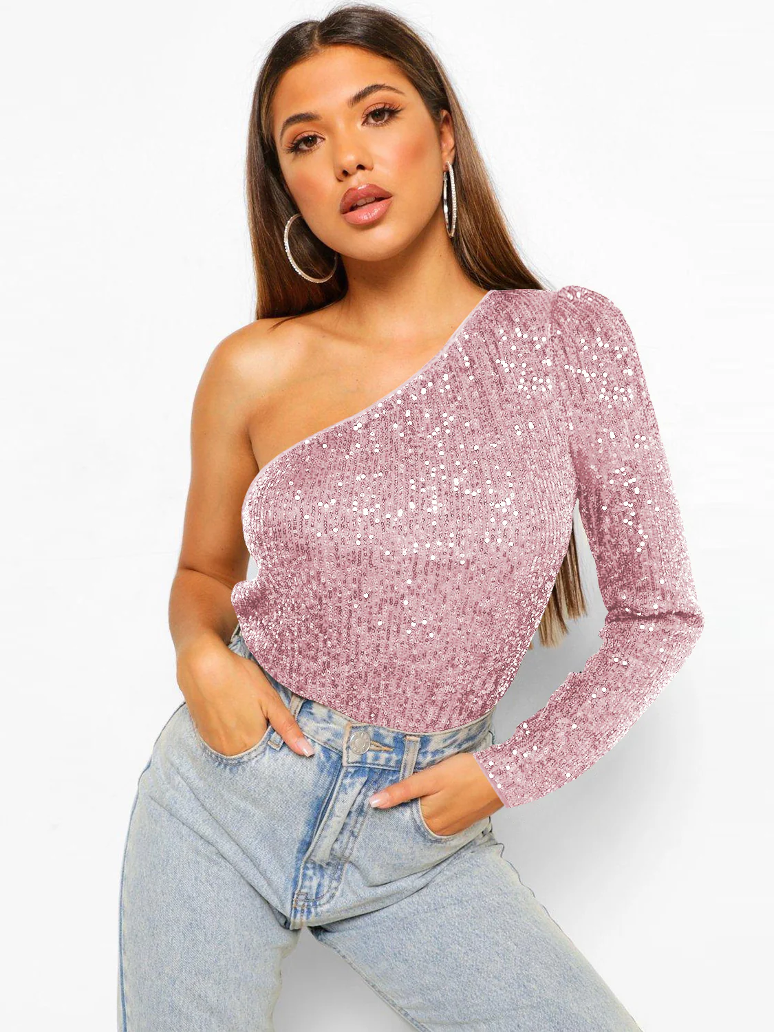 Janella Sequin One-Shoulder Bodysuit - Pink - Image 3