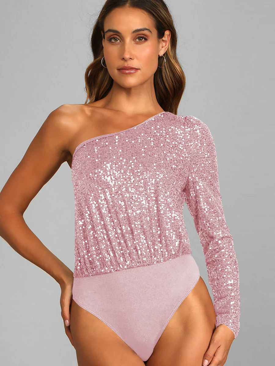 Janella Sequin One-Shoulder Bodysuit - Pink - Image 5