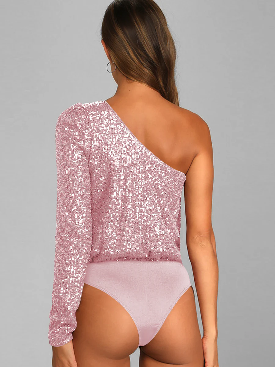 Janella Sequin One-Shoulder Bodysuit - Pink - Image 6