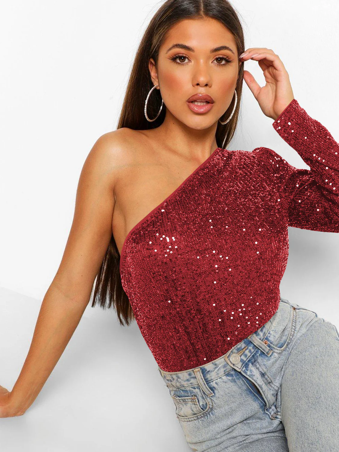 Janella Sequin One-Shoulder Bodysuit - Red - Image 2