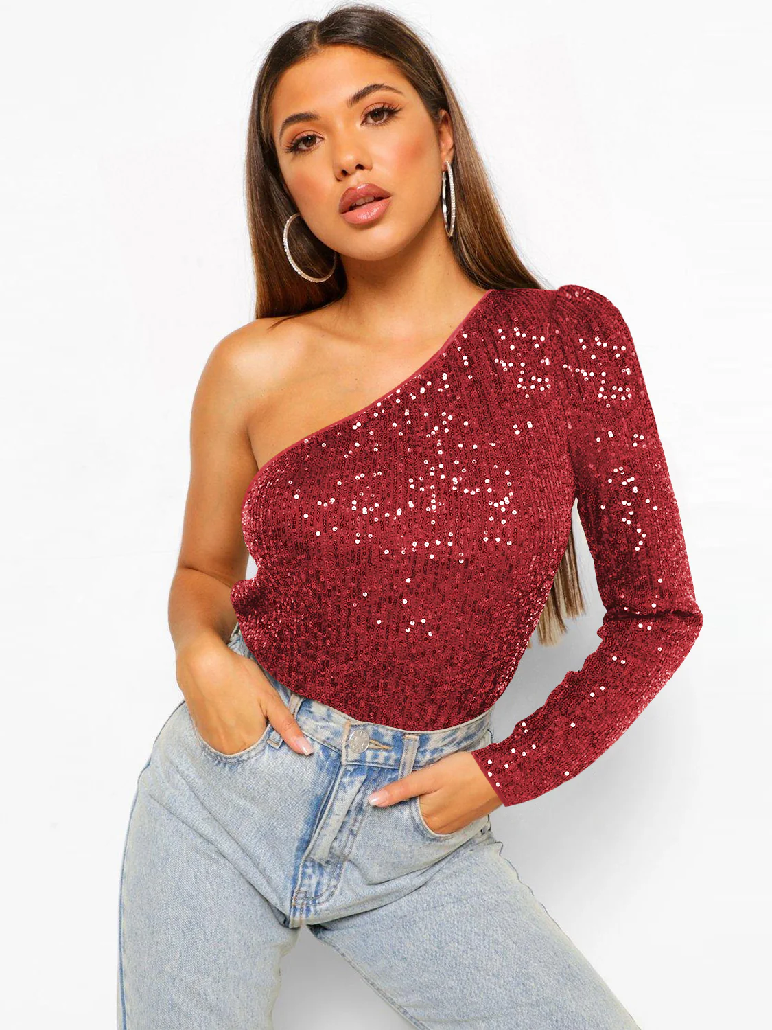 Janella Sequin One-Shoulder Bodysuit - Red - Image 3