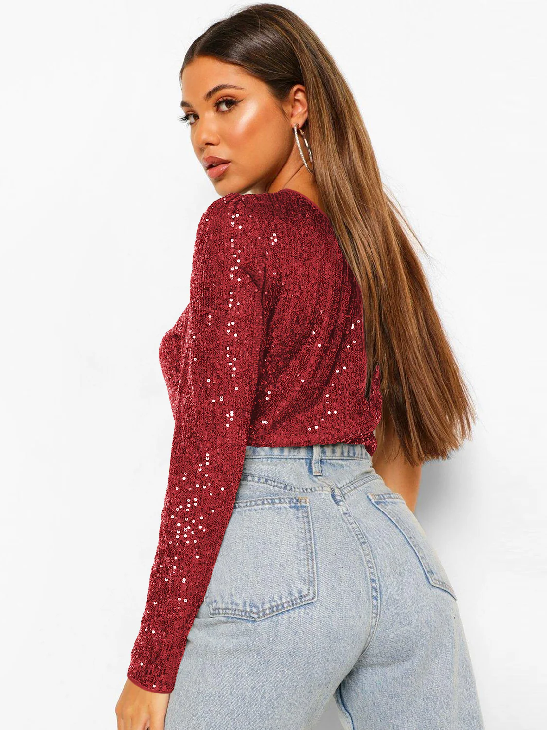 Janella Sequin One-Shoulder Bodysuit - Red - Image 4
