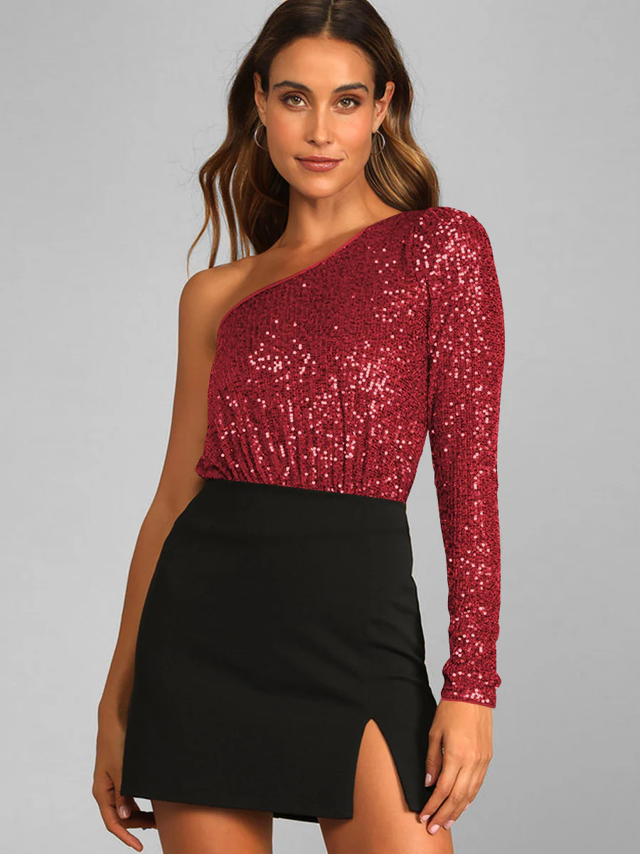 Janella Sequin One-Shoulder Bodysuit - Red - Image 5