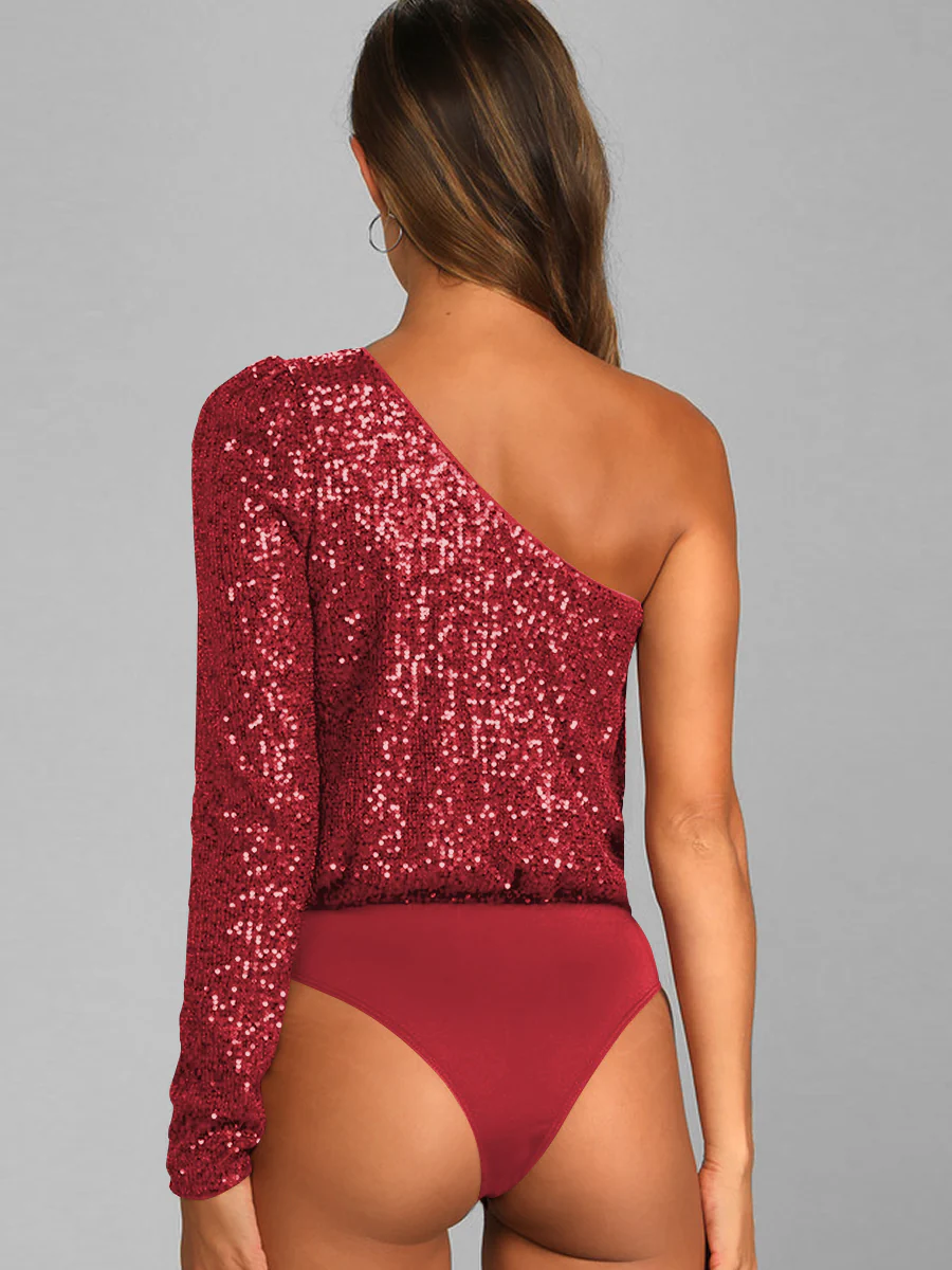 Janella Sequin One-Shoulder Bodysuit - Red - Image 6
