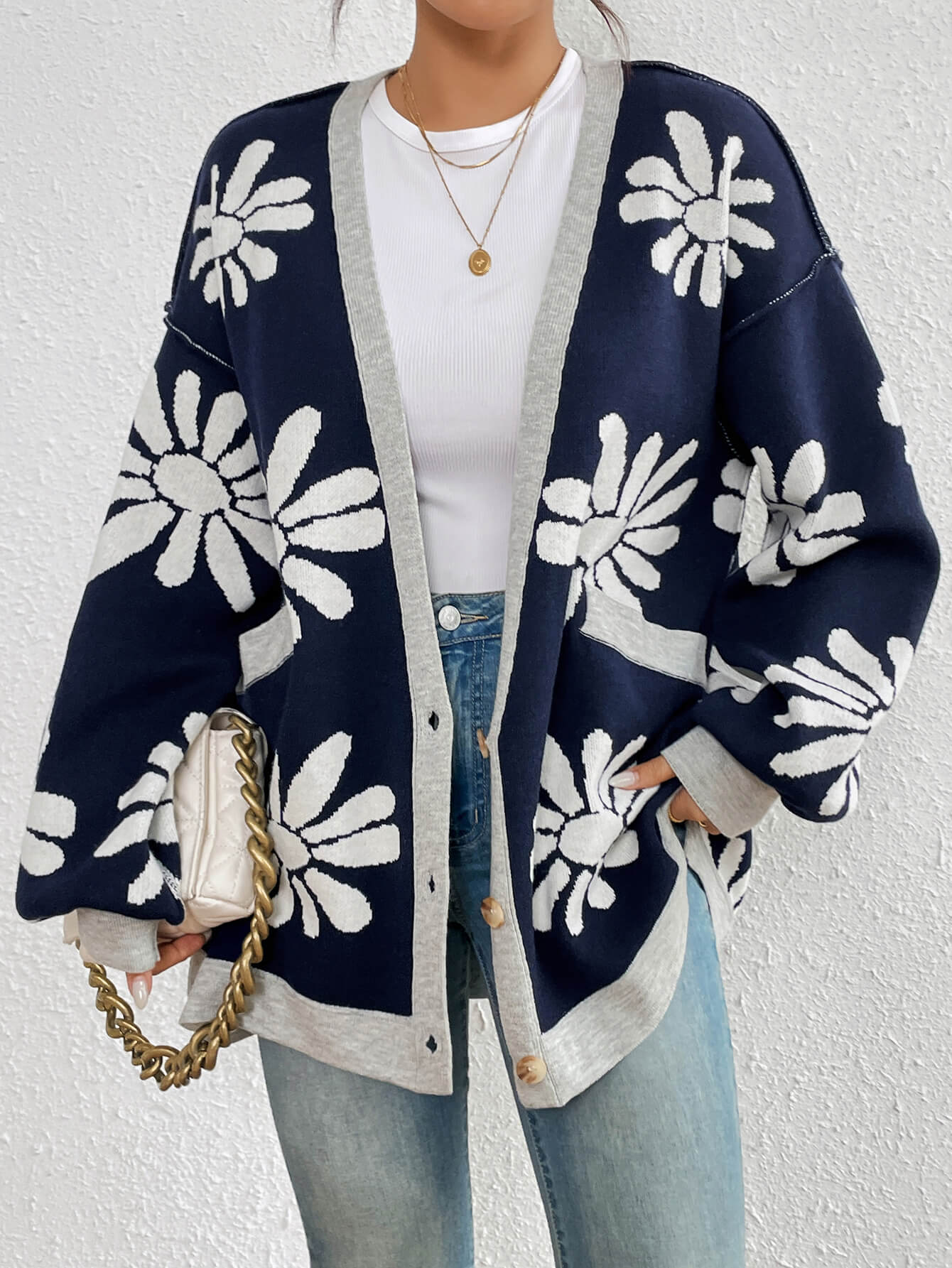 Janelle Floral Knit Cardigan - Navy - Image 2
