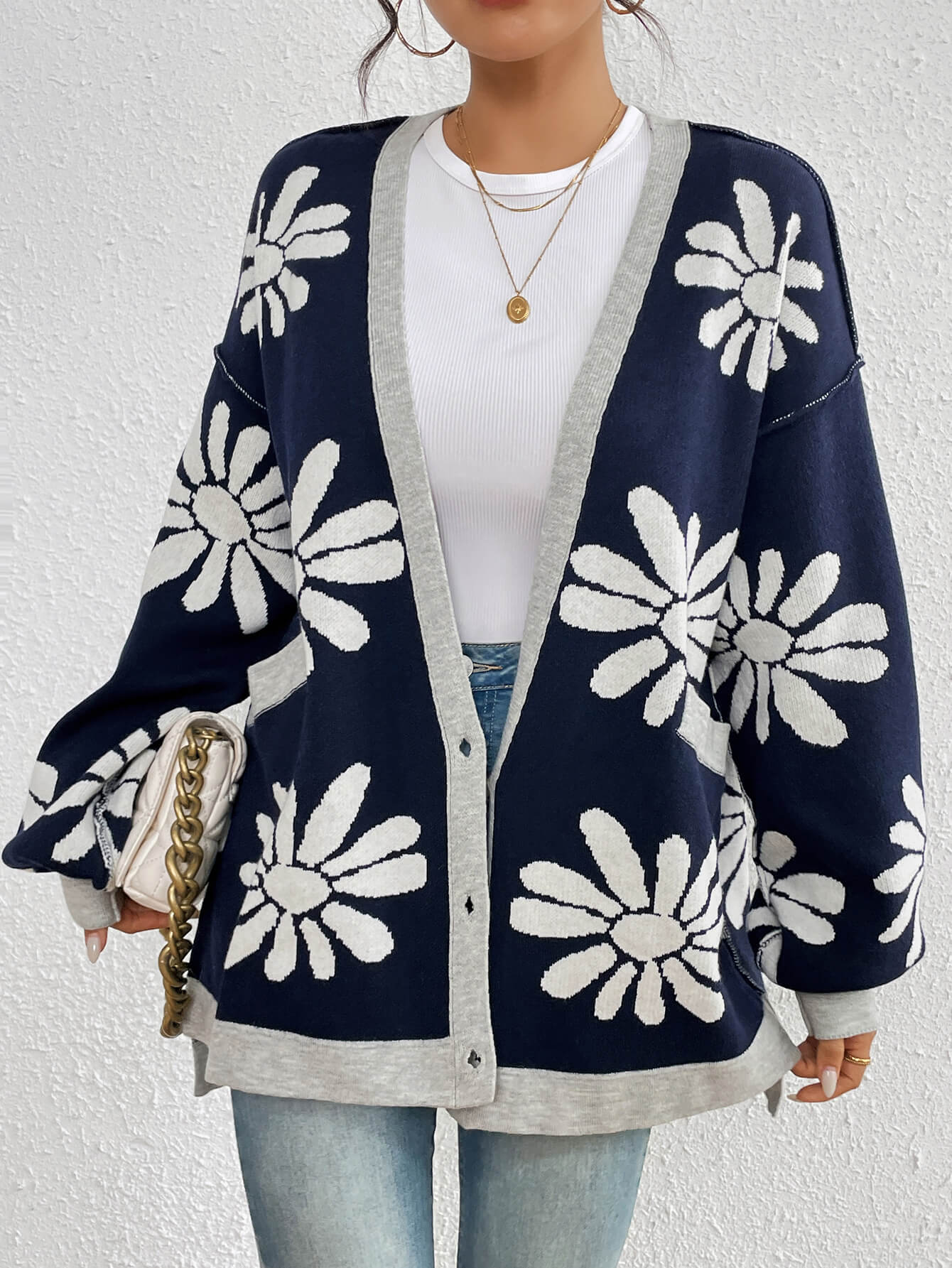 Janelle Floral Knit Cardigan - Navy - Image 5