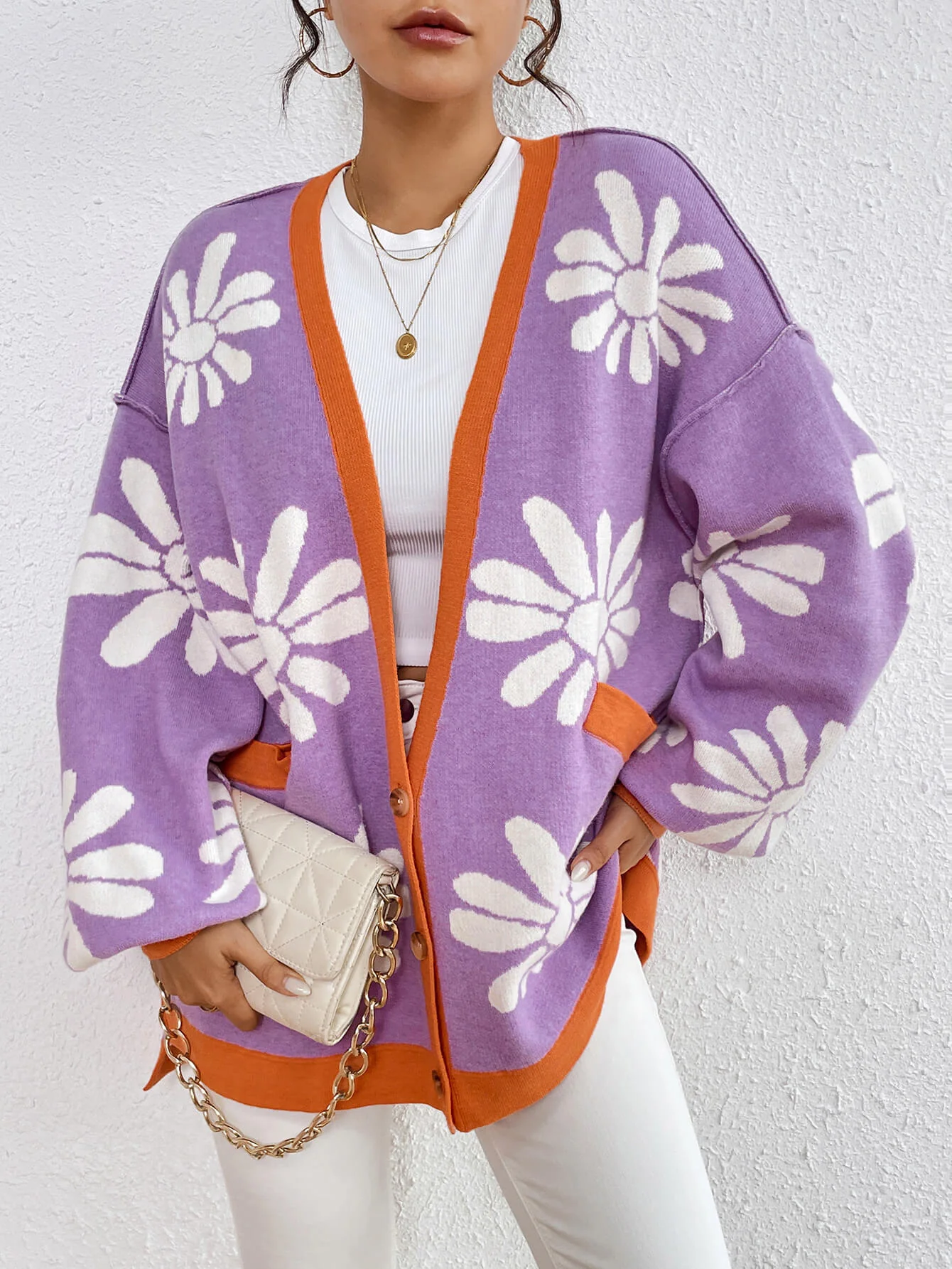 Janelle Floral Knit Cardigan - Purple - Image 3