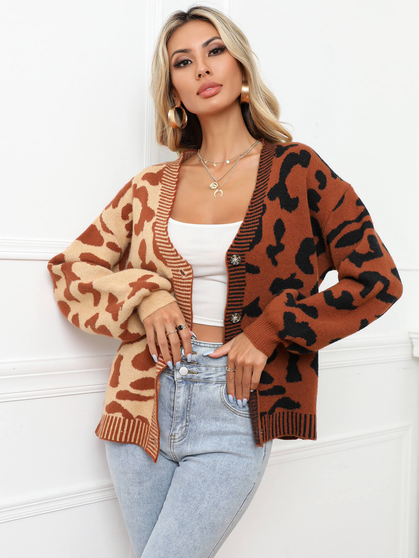 Janelle Leopard Button Up Knit Cardigan - Brown - Image 2