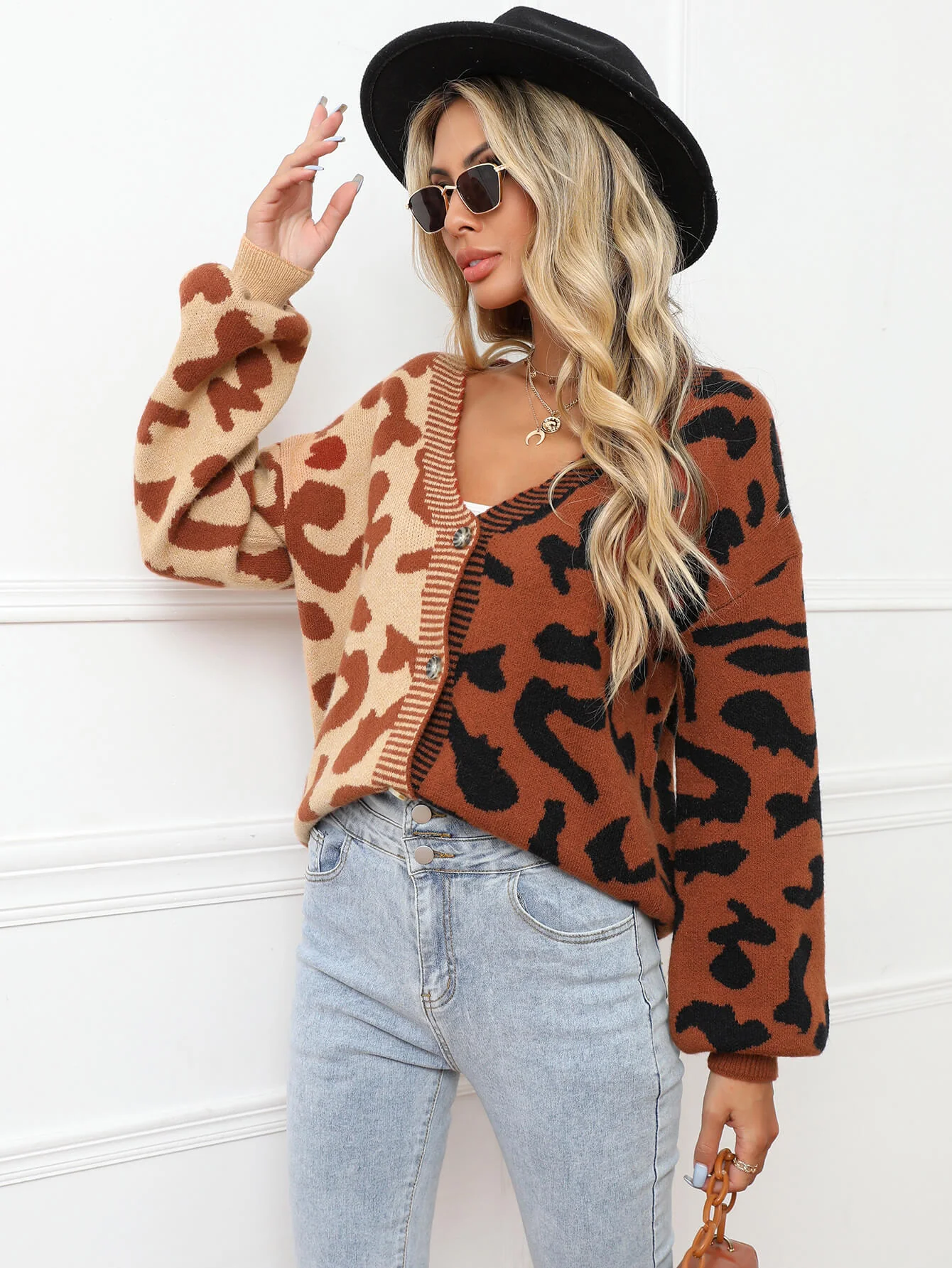 Janelle Leopard Button Up Knit Cardigan - Brown - Image 4