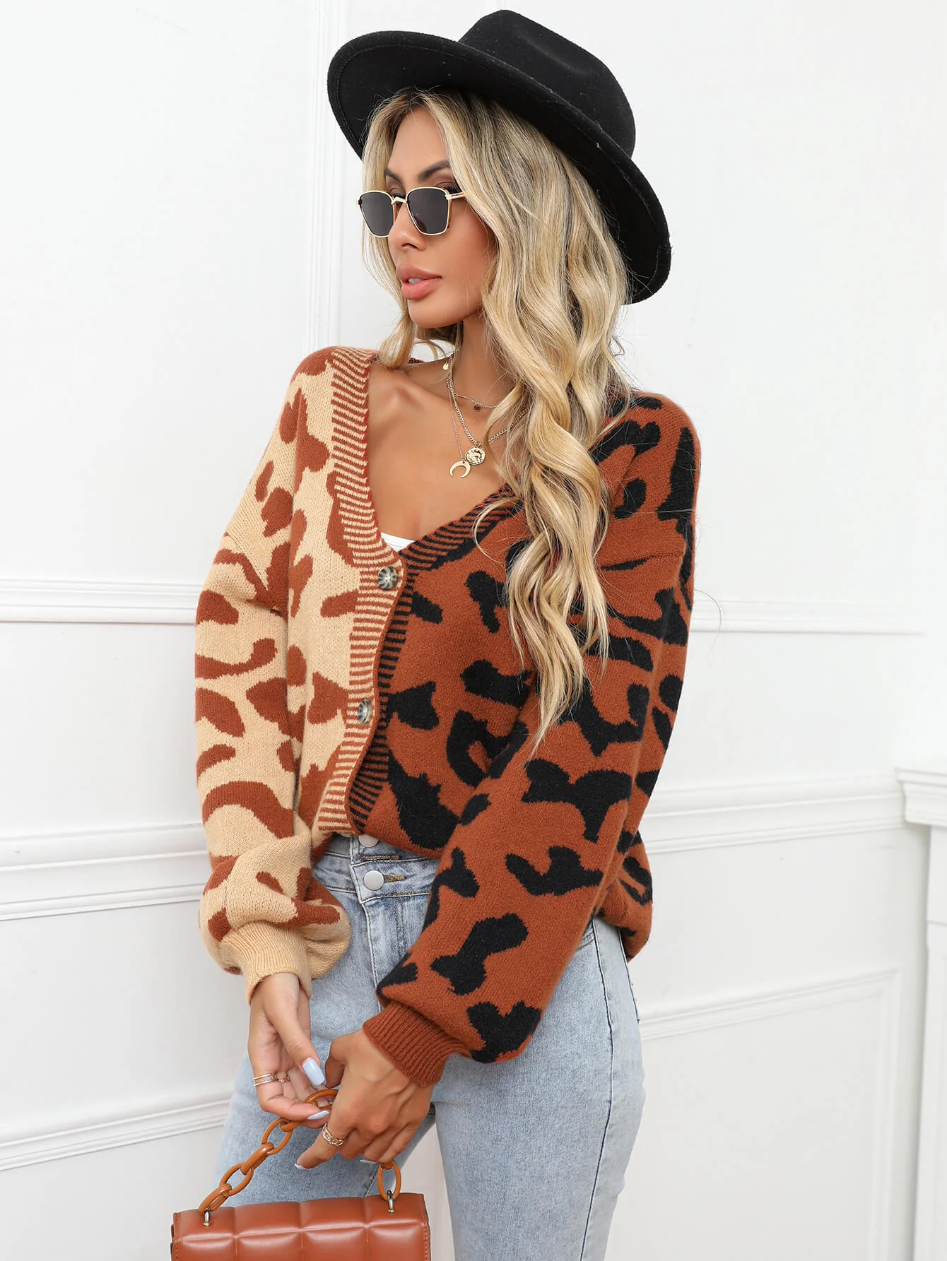 Janelle Leopard Button Up Knit Cardigan - Brown - Image 6
