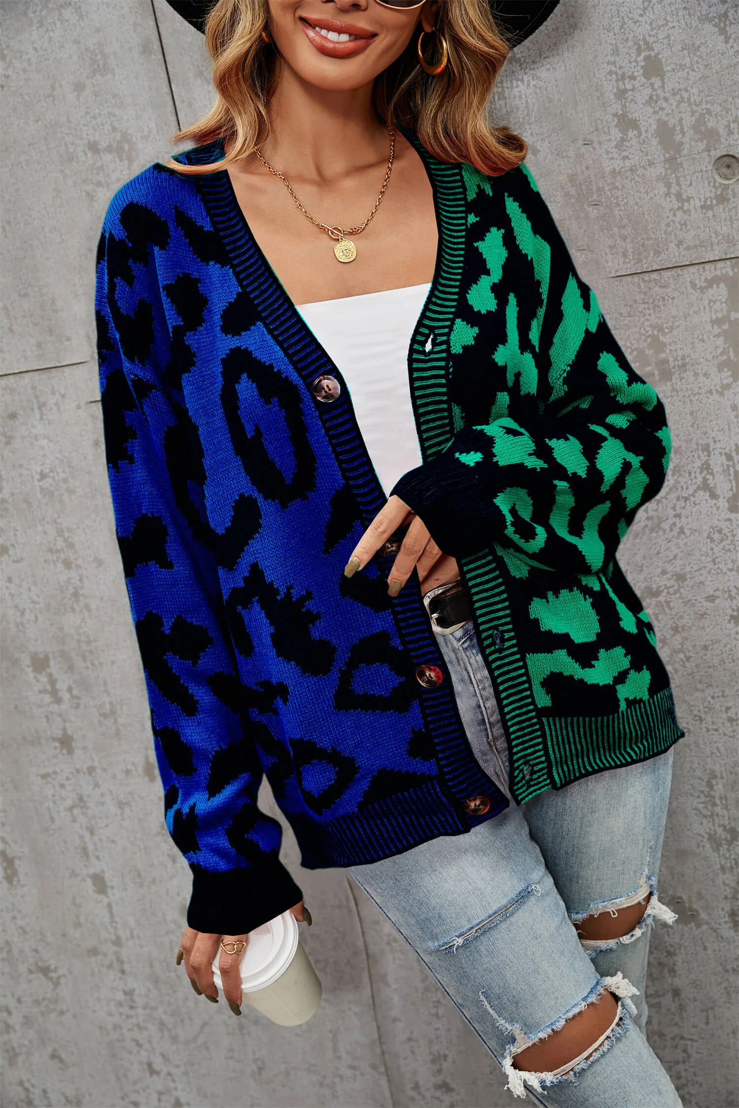 Janelle Leopard Button Up Knit Cardigan - Green - Image 2