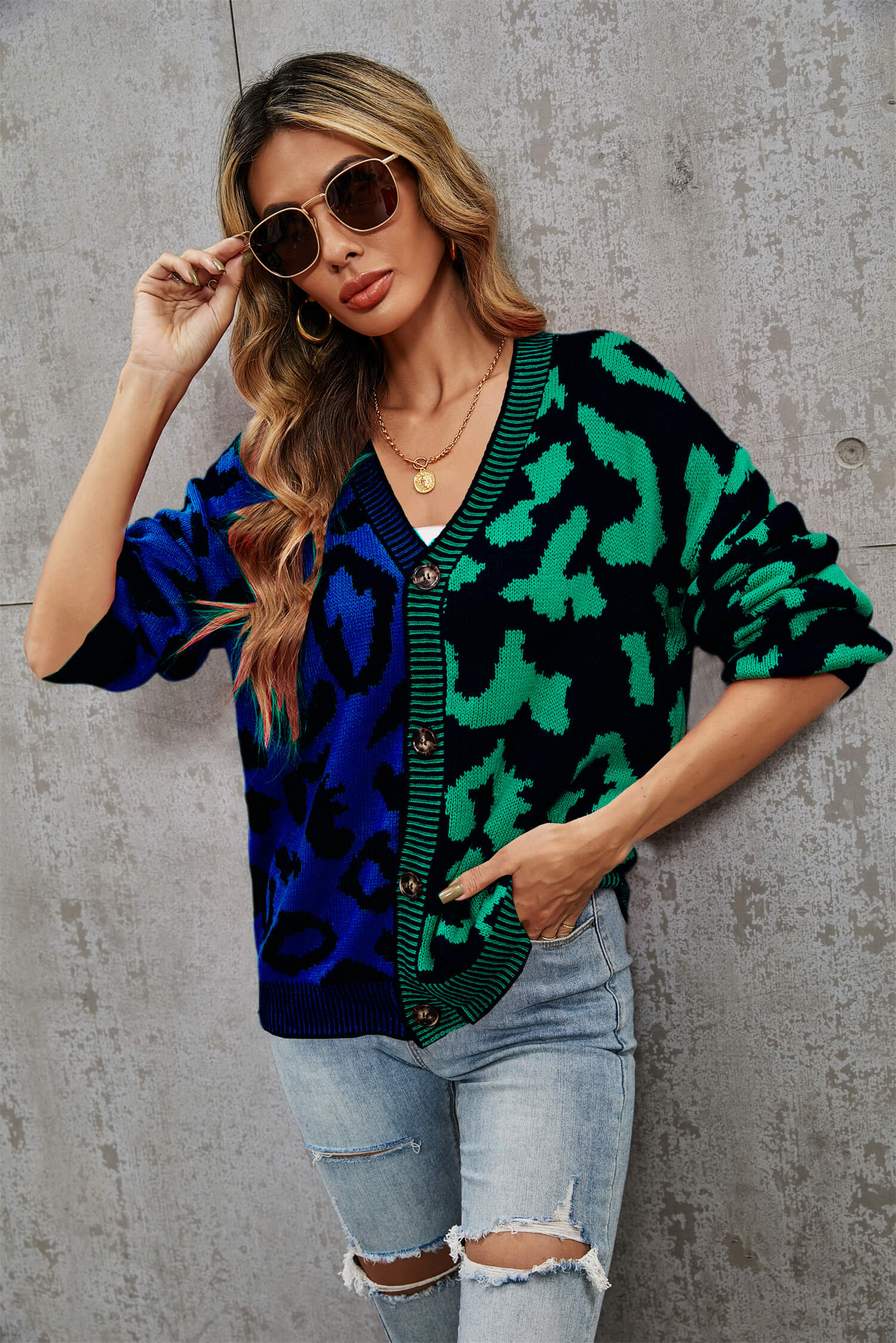 Janelle Leopard Button Up Knit Cardigan - Green - Image 5
