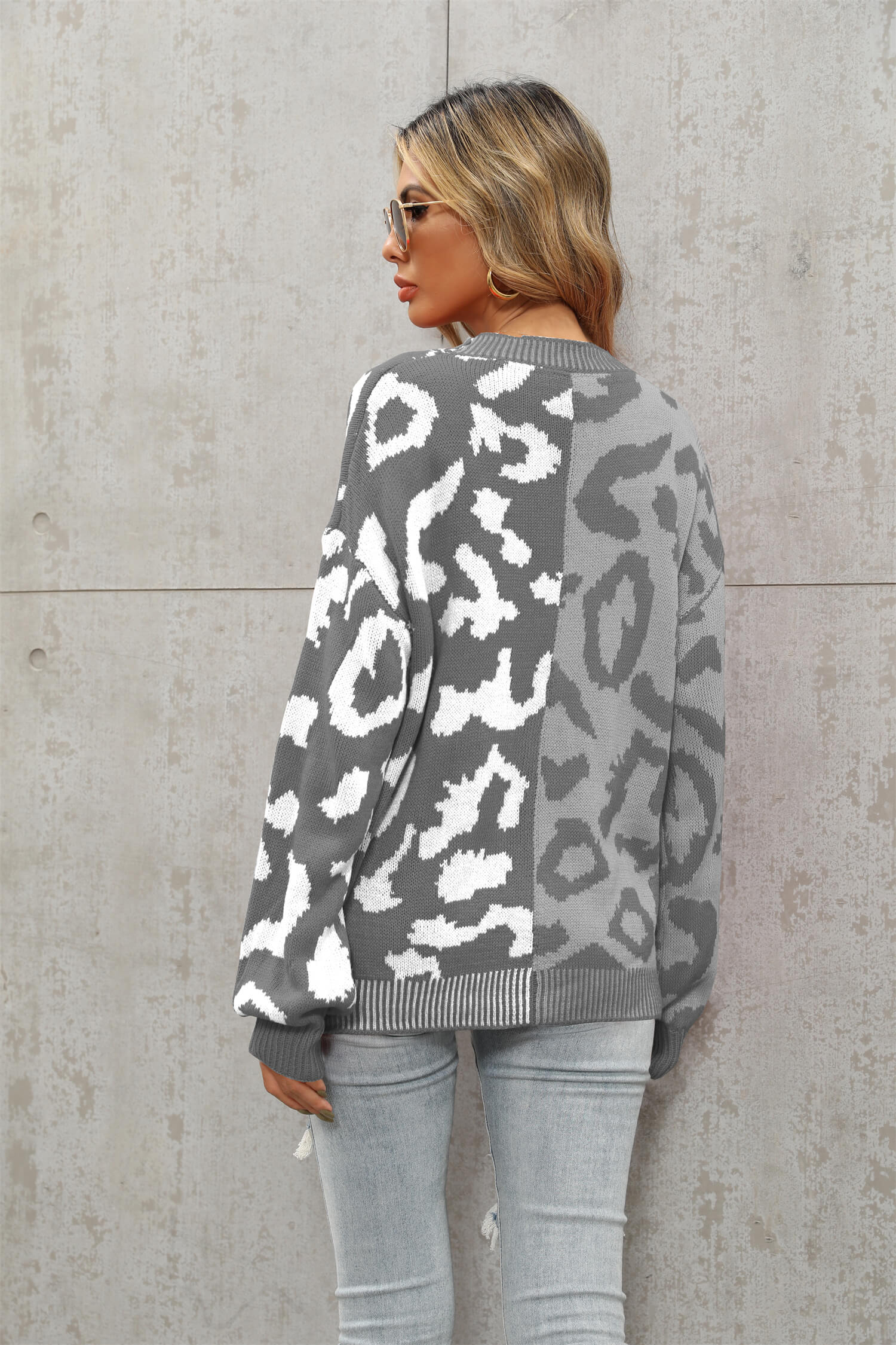 Janelle Leopard Button Up Knit Cardigan - Grey - Image 4