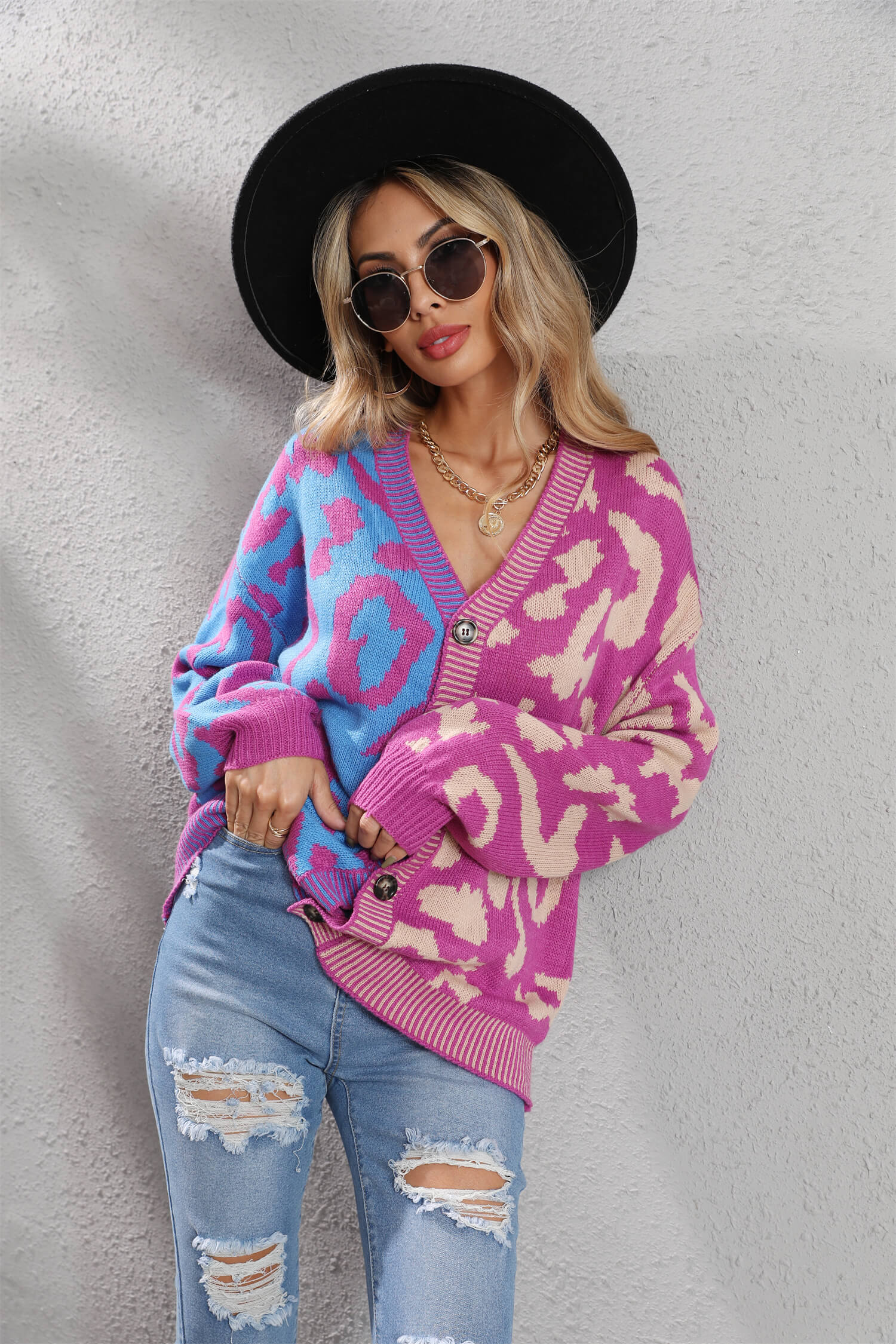 Janelle Leopard Button Up Knit Cardigan - Purple - Image 3